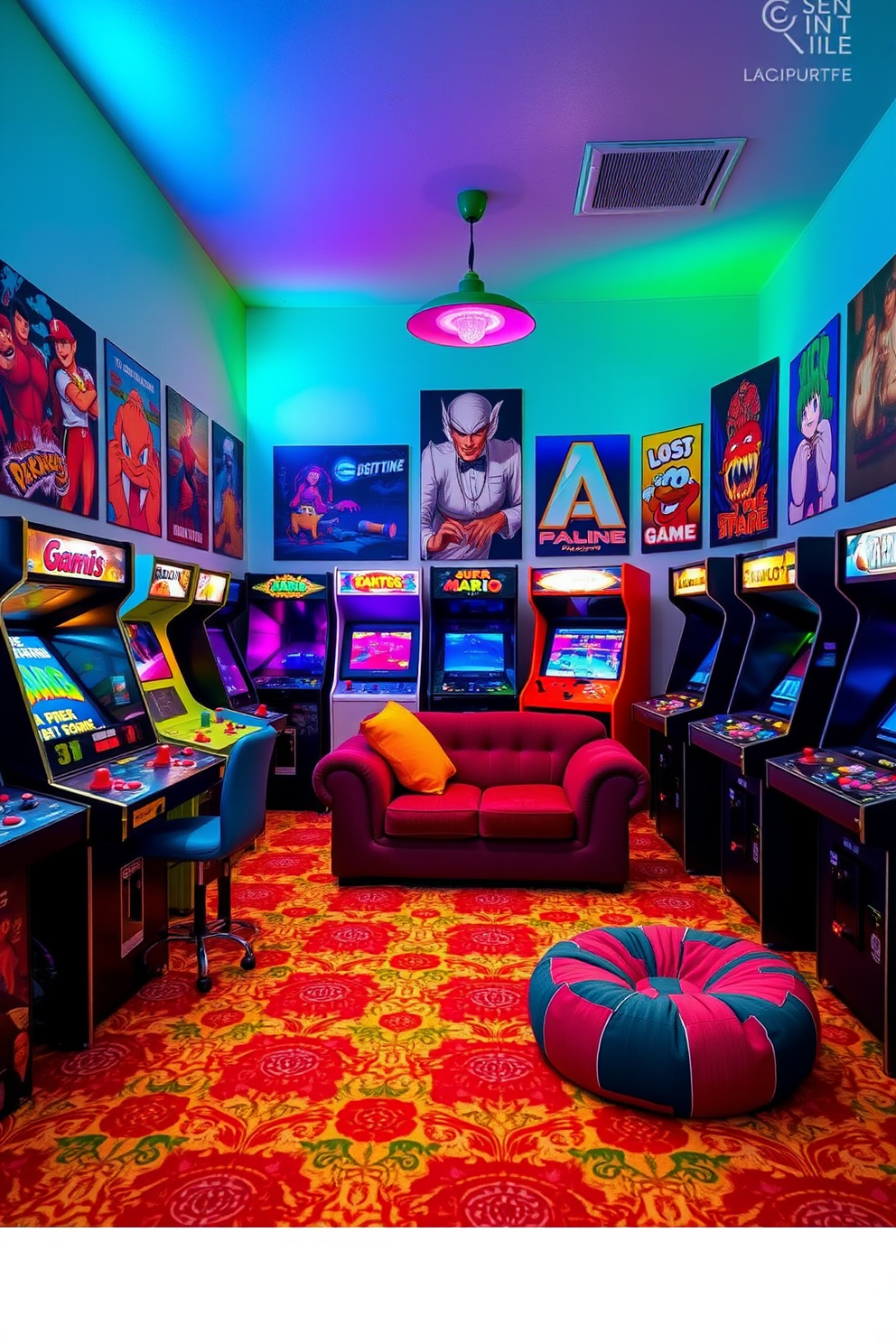 A vibrant game room filled with retro arcade machines, each showcasing classic games from the '80s and '90s. The walls are adorned with colorful posters of iconic video games, and the floor is covered with a bright, patterned carpet that enhances the playful atmosphere. In one corner, a cozy seating area features bean bags and a vintage sofa, inviting friends to relax between games. Neon lights illuminate the space, creating a lively ambiance that captures the essence of nostalgia and fun.