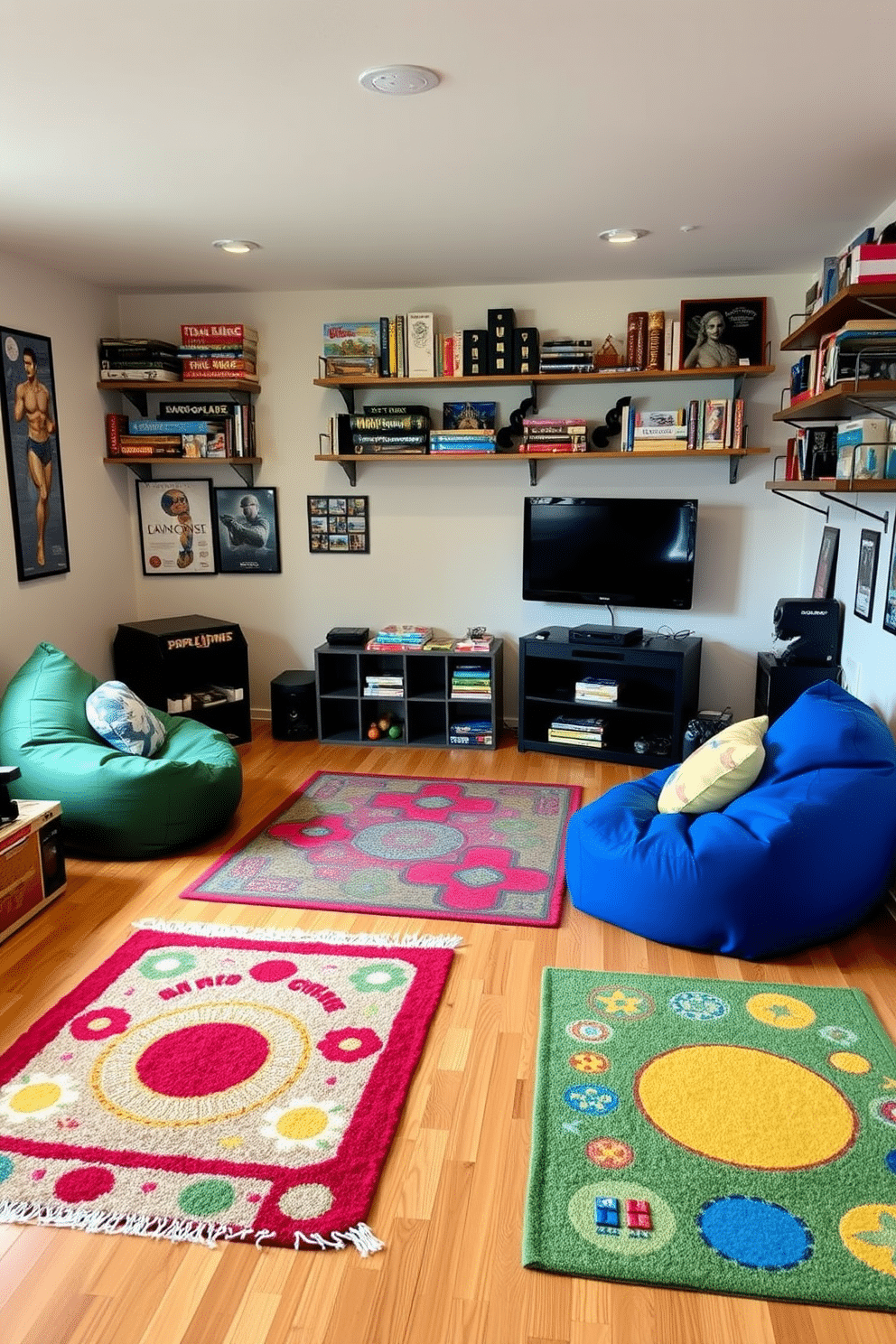 A vibrant game room designed for entertainment and relaxation. Themed rugs featuring playful patterns and colors anchor the space, adding a cozy touch to the hardwood floor. In one corner, a sleek gaming console is flanked by comfortable bean bags, creating a casual seating area. Wall-mounted shelves display an array of board games and collectibles, complementing the room's fun atmosphere.