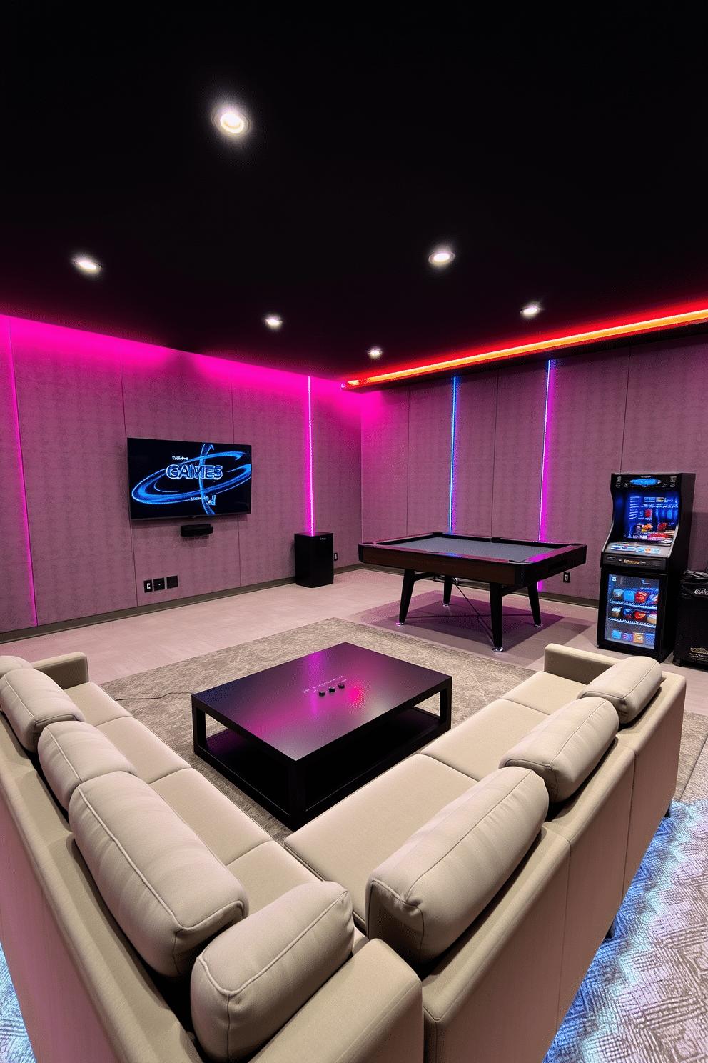 A modern game room featuring smart home integration for convenience. The space includes a large sectional sofa equipped with built-in speakers and charging ports, surrounded by a sleek coffee table and a mounted flat-screen TV. Colorful LED strip lights accentuate the walls, creating an inviting atmosphere for gaming. A custom arcade cabinet and a pool table are positioned in the room, while a mini-fridge stocked with snacks is conveniently placed nearby.