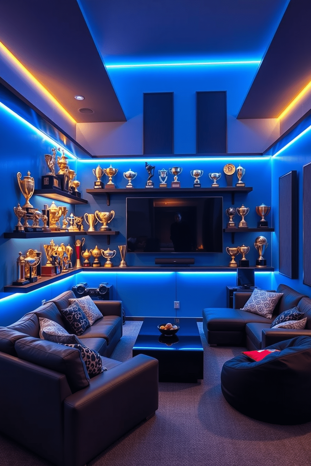 A vibrant game room featuring shelves lined with an impressive collection of gaming trophies, showcasing achievements in various competitions. The walls are painted in a deep blue hue, accented by LED strip lighting that highlights the trophies and creates an immersive atmosphere. Comfortable seating options, including a large sectional sofa and bean bags, are arranged around a central coffee table. A large screen is mounted on the wall for gaming sessions, complemented by soundproofing panels that enhance the acoustic experience.