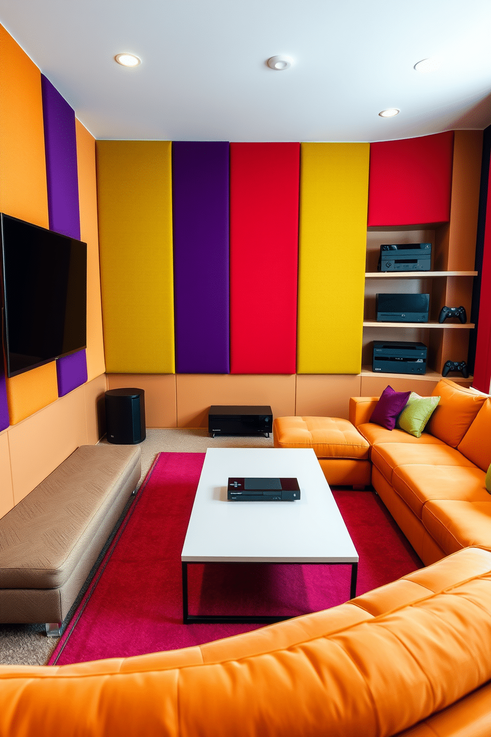 A vibrant game room designed for fun and relaxation. The walls are adorned with colorful acoustic panels that enhance sound quality, creating an immersive gaming experience. A large sectional sofa in a bold hue provides ample seating, complemented by a sleek coffee table in the center. The room features a wall-mounted flat-screen TV and a variety of gaming consoles neatly organized on stylish shelving.