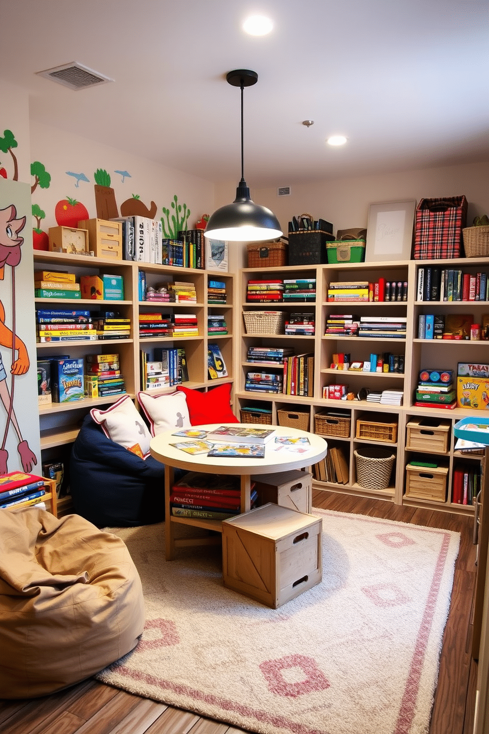 A vibrant game room designed for creativity, featuring custom-built shelving units filled with colorful board games and art supplies. The walls are adorned with playful murals, and a cozy seating area includes bean bags and a large, inviting rug. Innovative DIY storage solutions are incorporated, such as repurposed crates and baskets, to keep the space organized while adding a personal touch. A dedicated craft corner is highlighted, complete with a large table for game assembly and creative projects, illuminated by bright pendant lights.