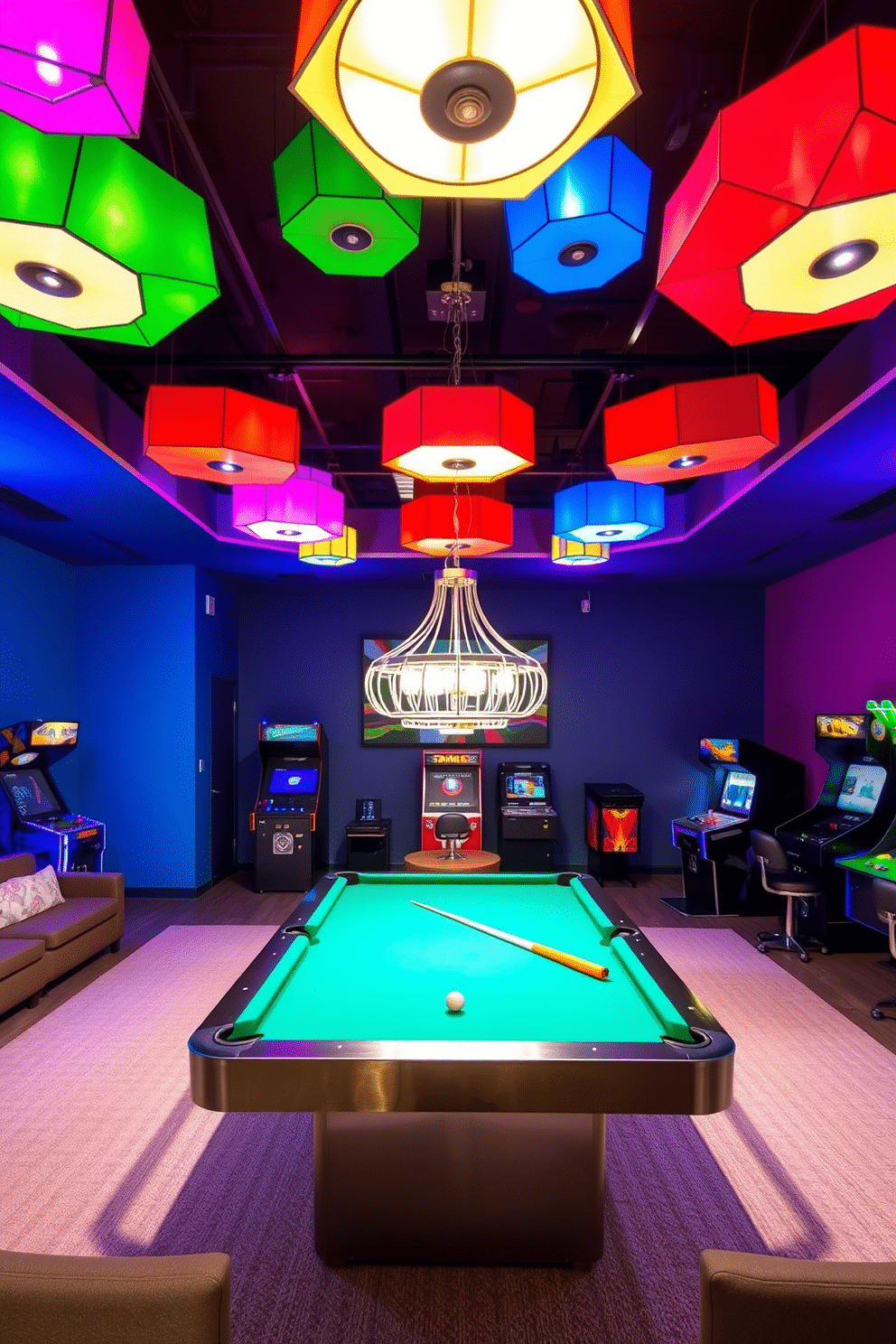 A vibrant game room filled with excitement features unique lighting fixtures that serve as captivating focal points. The ceiling is adorned with a series of colorful pendant lights, each with a distinct geometric design, casting playful shadows across the space. The walls are painted in a bold hue, complemented by a mix of modern and vintage arcade games. Plush seating arrangements invite friends to gather, while a stylish pool table occupies the center, illuminated by a striking chandelier overhead.