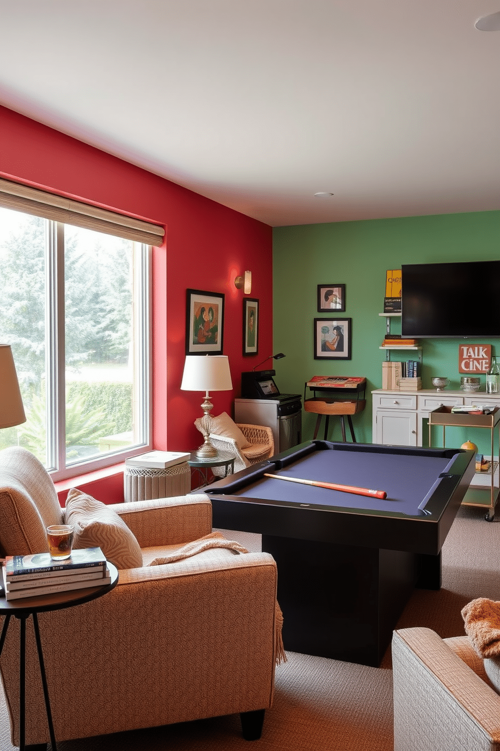 A cozy reading nook featuring a plush armchair upholstered in soft, textured fabric, positioned next to a large window that lets in natural light. A small side table holds a steaming cup of tea and a stack of well-loved books, while a warm throw blanket drapes over the chair, inviting relaxation. A fun game room designed for entertainment, showcasing a sleek pool table at the center, surrounded by comfortable seating options. Brightly colored walls and playful artwork create an energetic atmosphere, while shelves filled with board games and a bar cart stocked with refreshments complete the lively space.