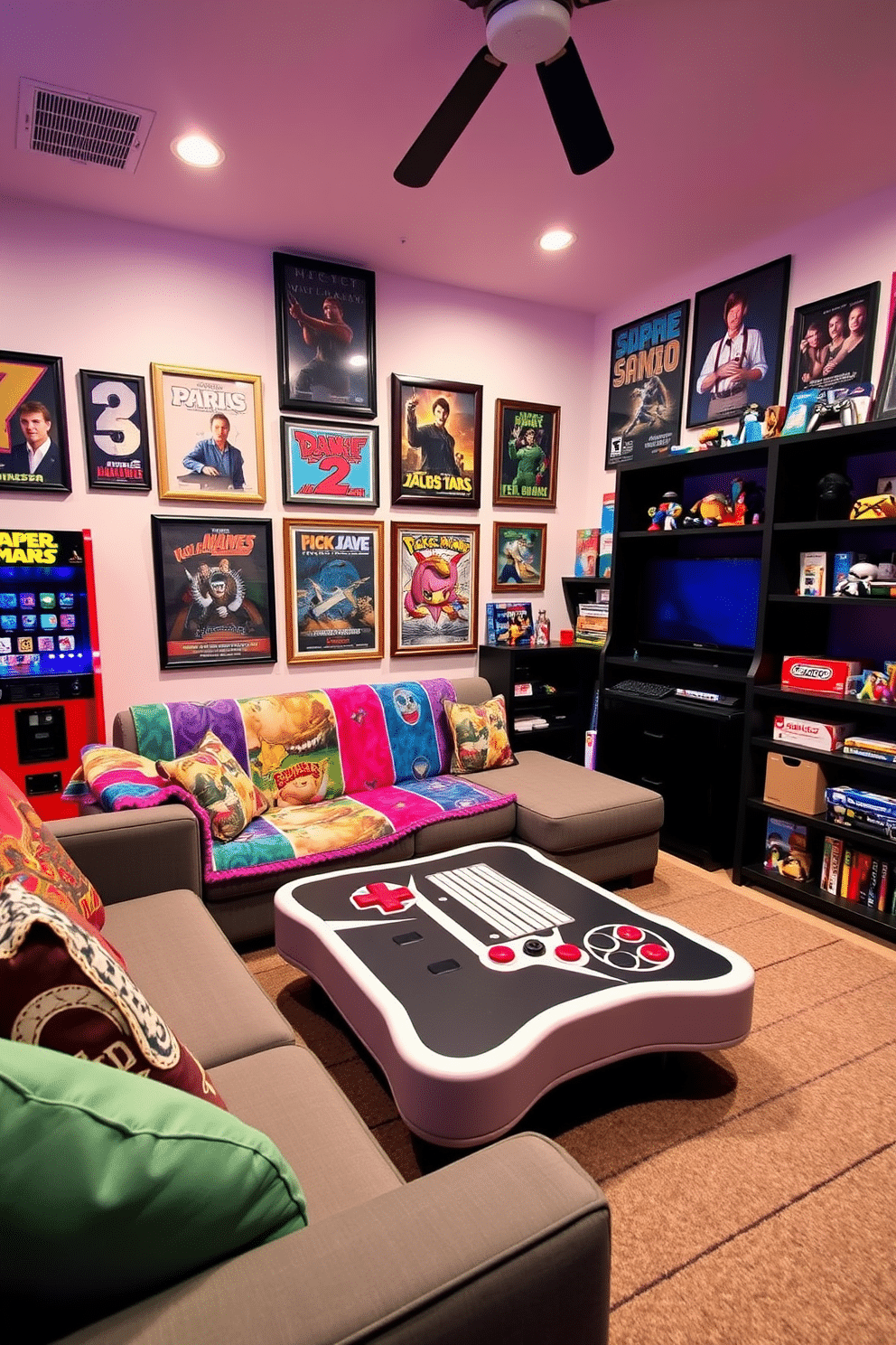 A vibrant game room infused with pop culture references, featuring a retro arcade machine alongside a sleek gaming console setup. The walls are adorned with framed posters of iconic movies and video games, creating a lively atmosphere that celebrates nostalgia. A cozy seating area includes a sectional sofa covered in a colorful throw, inspired by a popular animated series. A custom coffee table, shaped like a classic game controller, sits in the center, surrounded by shelves filled with collectible figurines and board games.