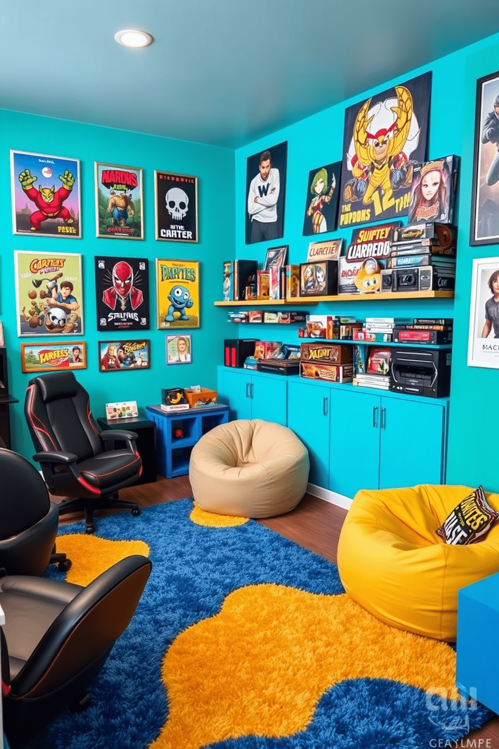 A vibrant game room filled with playful decor elements. The walls are painted a bright teal, accented by colorful artwork and posters that reflect various gaming themes. The furniture features a mix of soft bean bags and sleek gaming chairs, all in coordinating colors. A large, plush area rug in shades of blue and yellow anchors the space, while shelves display an array of board games and collectibles.