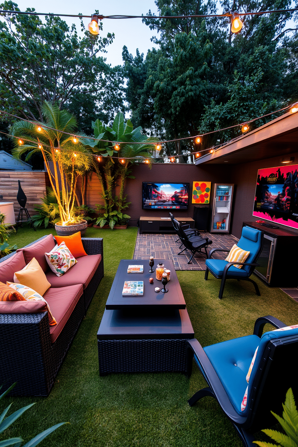 A vibrant outdoor gaming area nestled within a lush garden, featuring a large, weather-resistant sectional sofa adorned with colorful cushions. In the center, a sleek coffee table holds board games and snacks, while string lights overhead create a cozy atmosphere for evening play. The game room is designed with a modern aesthetic, showcasing a wall-mounted flat-screen TV and comfortable gaming chairs. Bright wall art depicting gaming scenes adds personality, while a mini-fridge stocked with refreshments ensures everyone stays energized during playtime.