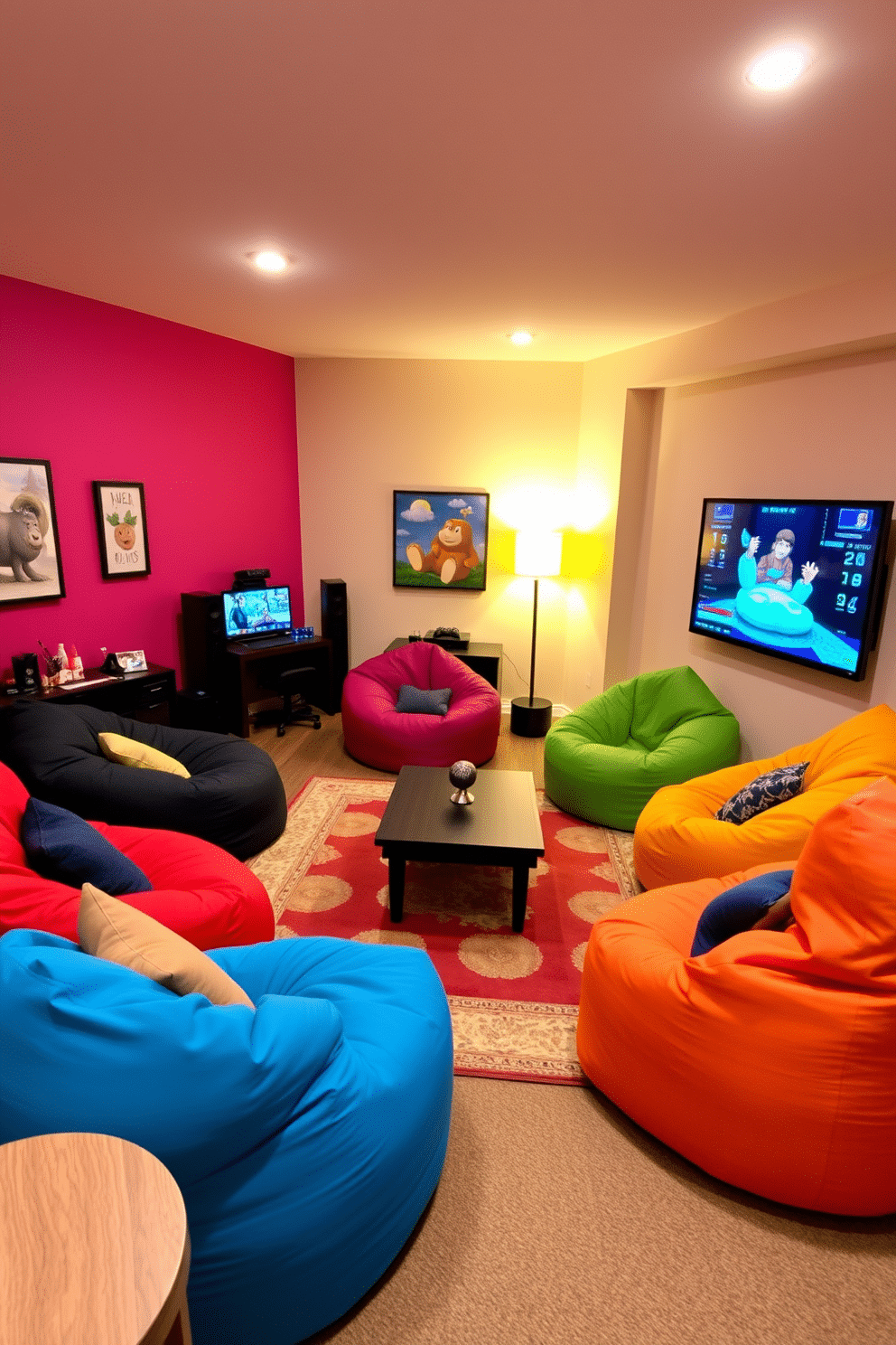 A cozy game room featuring multiple bean bag seating arrangements in various vibrant colors. The walls are adorned with playful artwork, and a large rug adds warmth to the space, while a coffee table is surrounded by the bean bags for a relaxed atmosphere. In one corner, a gaming console is set up with a large screen, inviting friends to enjoy their favorite games together. Soft lighting fixtures create an inviting ambiance, enhancing the fun and playful vibe of the room.