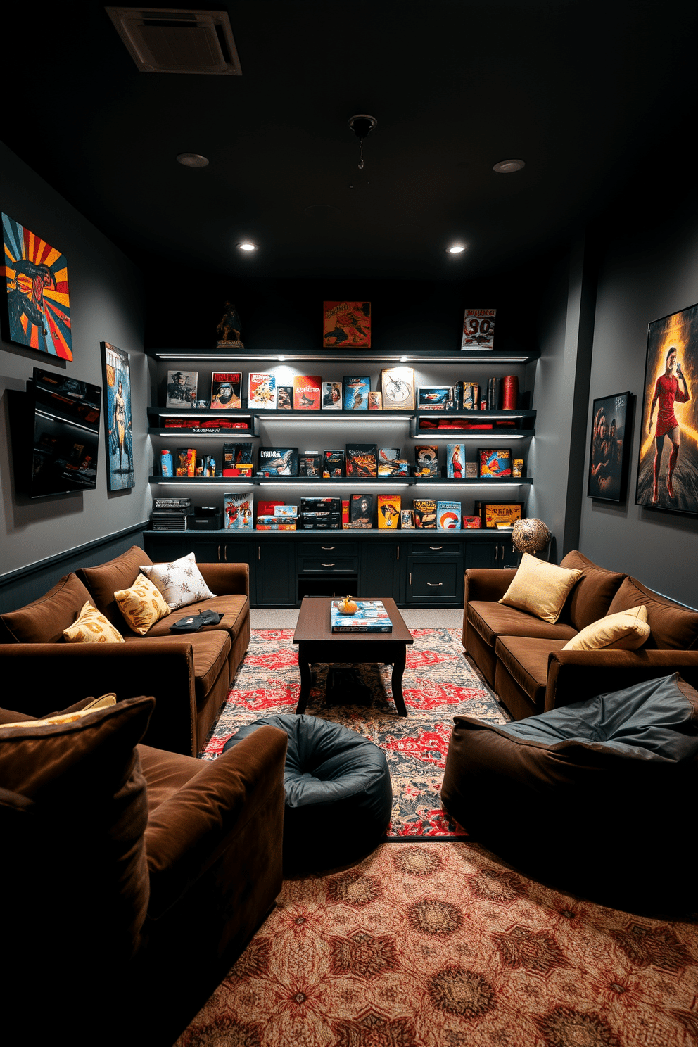 A stylish game room designed for entertainment, featuring flexible seating options for guests. Plush sectional sofas and bean bags are arranged around a central coffee table, creating a cozy atmosphere for socializing and gaming. The walls are adorned with vibrant artwork and shelves filled with board games and collectibles. A large screen is mounted for movie nights, and soft lighting enhances the inviting ambiance, making it the perfect spot for relaxation and fun.