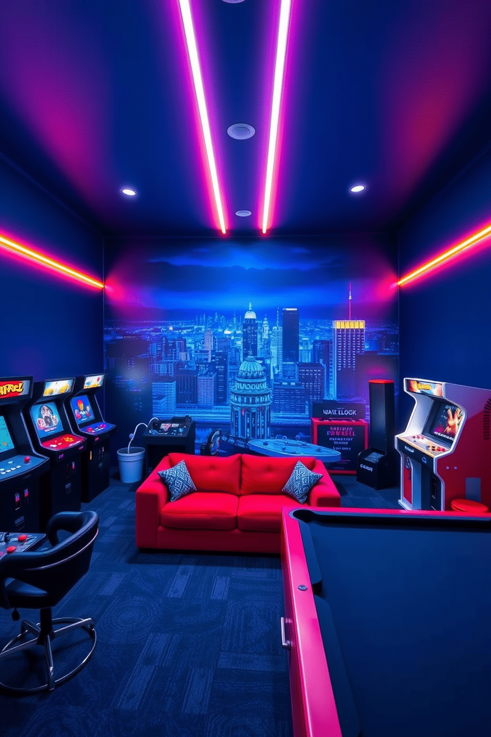 A vibrant game room featuring a themed wall mural depicting a lively cityscape at night. The walls are painted in deep navy blue, with neon accents that match the mural, creating an immersive atmosphere for gaming and entertainment. In the center, a plush sectional sofa in a bold color offers ample seating, surrounded by a mix of modern arcade machines and a sleek pool table. Ambient lighting fixtures, including LED strip lights along the ceiling, enhance the playful vibe of the space.