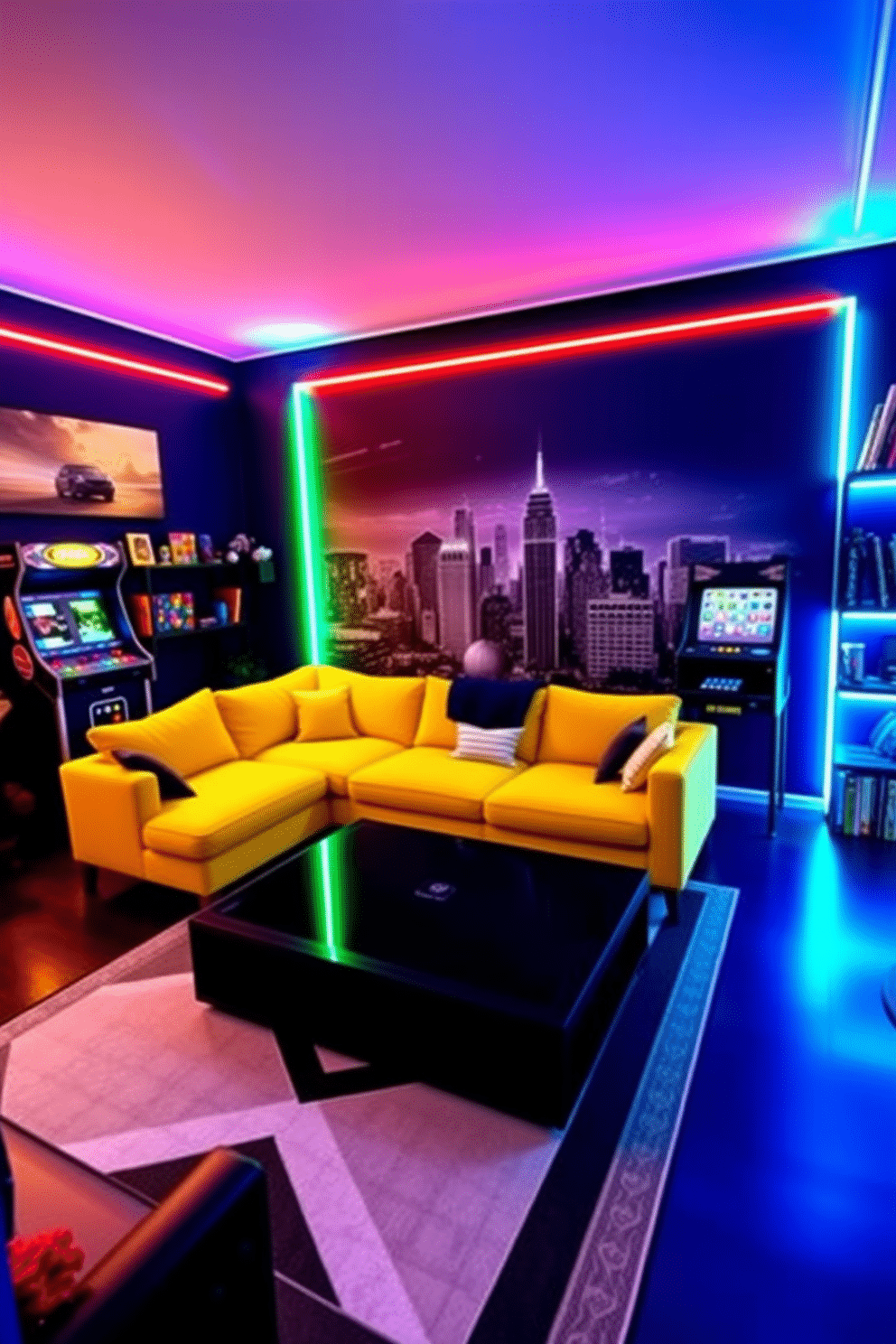 A vibrant game room filled with colorful LED strip lighting that highlights the playful atmosphere. The walls are painted in a deep navy blue, with a large mural of a city skyline, creating an exciting backdrop for the space. In the center, a plush sectional sofa in bright yellow provides ample seating, while a sleek black coffee table sits atop a geometric patterned rug. A multi-game arcade machine stands against one wall, and shelves filled with board games and collectibles add personality to the room.