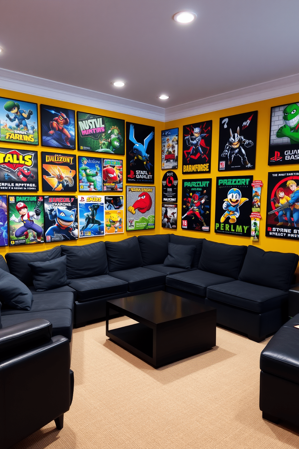 A vibrant game room filled with colorful game-themed artwork and posters adorning the walls, creating an immersive atmosphere. The room features a cozy sectional sofa with plush cushions, positioned around a sleek coffee table, perfect for gaming sessions with friends.