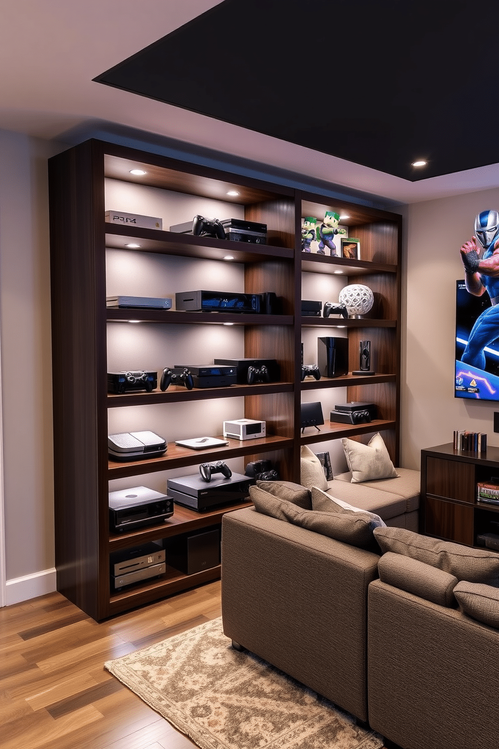 A modern game room featuring sleek gaming console shelves designed for optimal organization. The shelves are crafted from dark wood with LED backlighting, showcasing a variety of gaming consoles and accessories in an aesthetically pleasing arrangement. The room includes a comfortable sectional sofa with plush cushions, positioned for the best viewing angle of a large wall-mounted TV. Vibrant wall art depicting iconic video game characters adds a playful touch, while a stylish rug anchors the space, providing warmth and comfort.