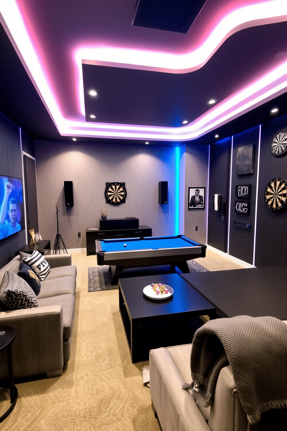 A modern game room featuring soundproofing panels on the walls to enhance noise reduction. The room is filled with a plush sectional sofa, a large flat-screen TV mounted above a sleek entertainment center, and colorful LED lights accentuating the space. The game area includes a stylish pool table and a dartboard on one wall, providing entertainment options for guests. Decorative elements like wall art and cozy throws add personality and warmth to the room, creating an inviting atmosphere for fun and relaxation.