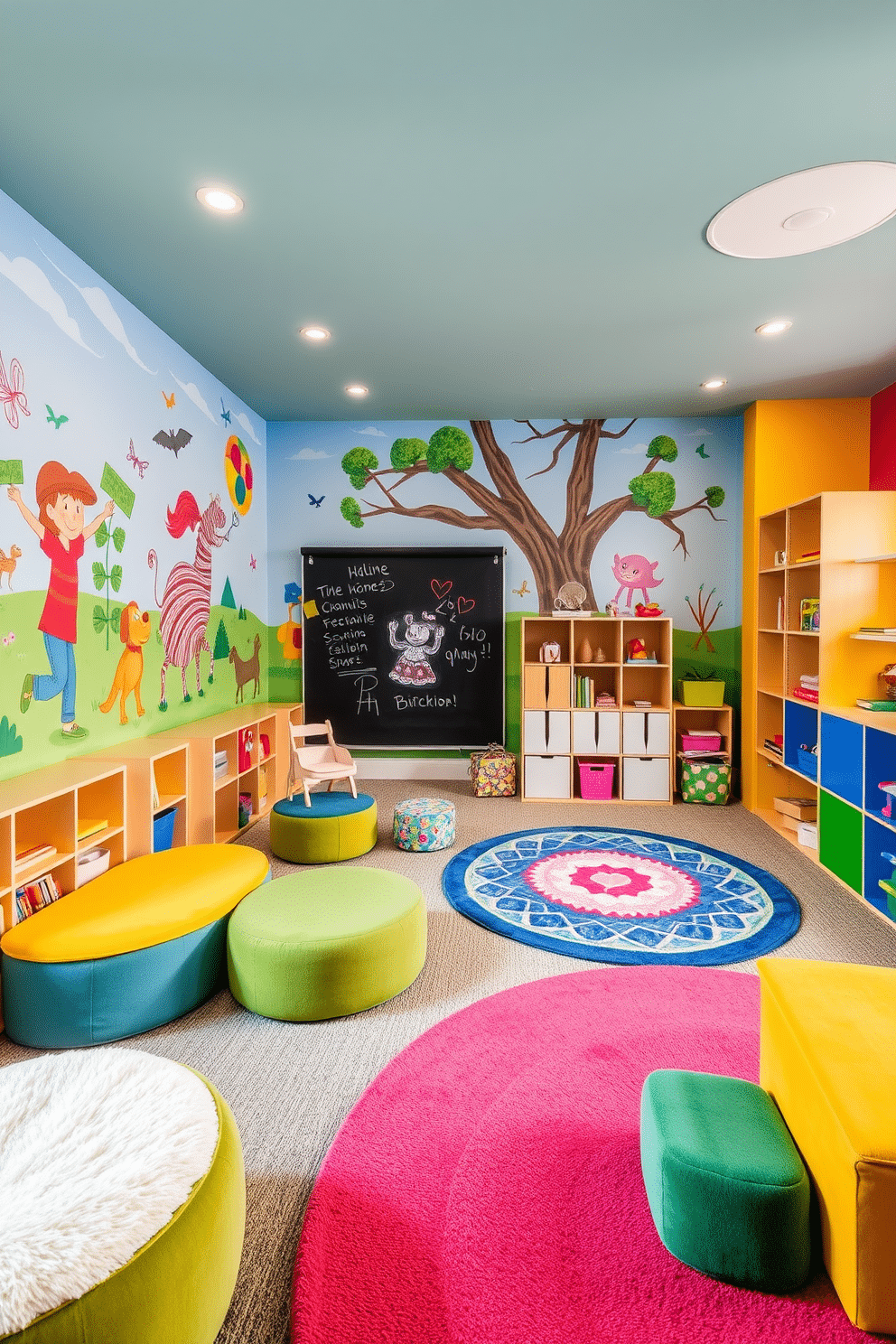 A vibrant playroom features a colorful mural depicting whimsical characters, bringing joy and creativity to the space. The walls are painted in bright hues, and plush seating areas are scattered throughout, inviting children to explore and play. Soft, durable rugs in various shapes and sizes enhance the playful atmosphere, while storage solutions are cleverly integrated to keep toys organized. Fun, interactive elements like a chalkboard wall and a climbing structure add an element of adventure to the design.