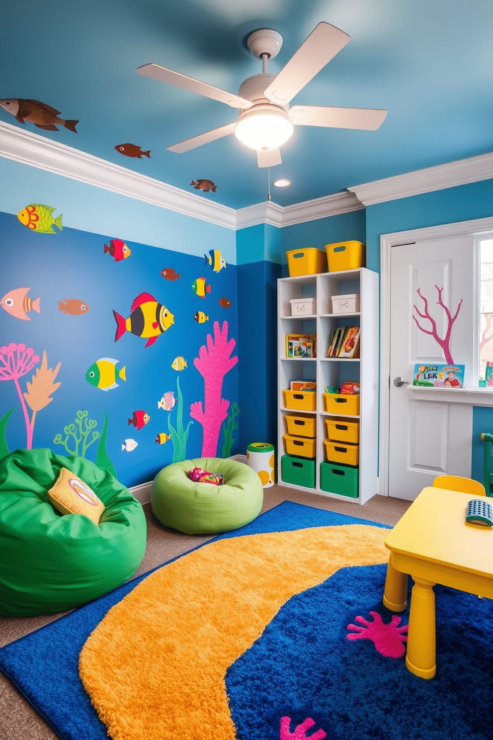 A whimsical playroom designed with an under-the-sea theme. The walls are painted in various shades of blue, adorned with vibrant fish murals and coral reef decals. Brightly colored furniture pieces, such as a soft green bean bag and a yellow activity table, create a playful atmosphere. A plush ocean-themed rug anchors the space, while shelves display books and toys in ocean-inspired bins.