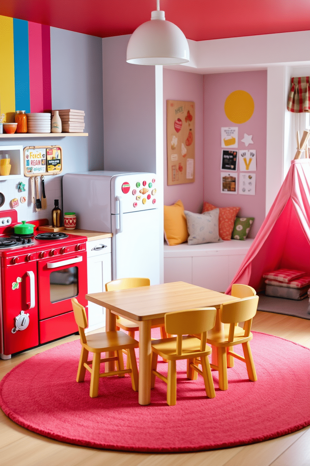 A charming miniature kitchen designed for imaginative play, featuring a bright red retro stove and a small white refrigerator adorned with colorful magnets. The countertops are filled with pretend food items, and a tiny wooden table sits in the center, surrounded by cheerful, child-sized chairs. A vibrant playroom filled with playful design ideas, showcasing a cozy reading nook with oversized cushions and a whimsical tent. The walls are painted in a rainbow of colors, and interactive wall art encourages creativity and exploration, while a soft rug covers the floor to create a safe play area.