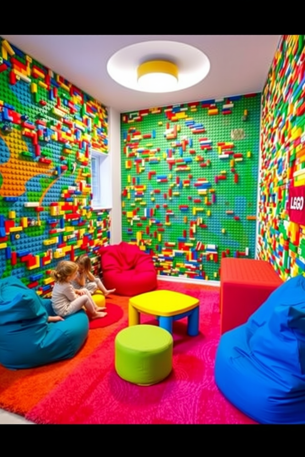 A vibrant playroom filled with colorful Lego walls encourages creativity and imaginative play. The walls are adorned with various sizes of Lego bricks, allowing children to build and explore their artistic ideas freely. The room features a soft, plush rug in bright hues, providing a comfortable area for play. Brightly colored furniture, including bean bags and low tables, creates an inviting space for kids to gather and collaborate on their building projects.