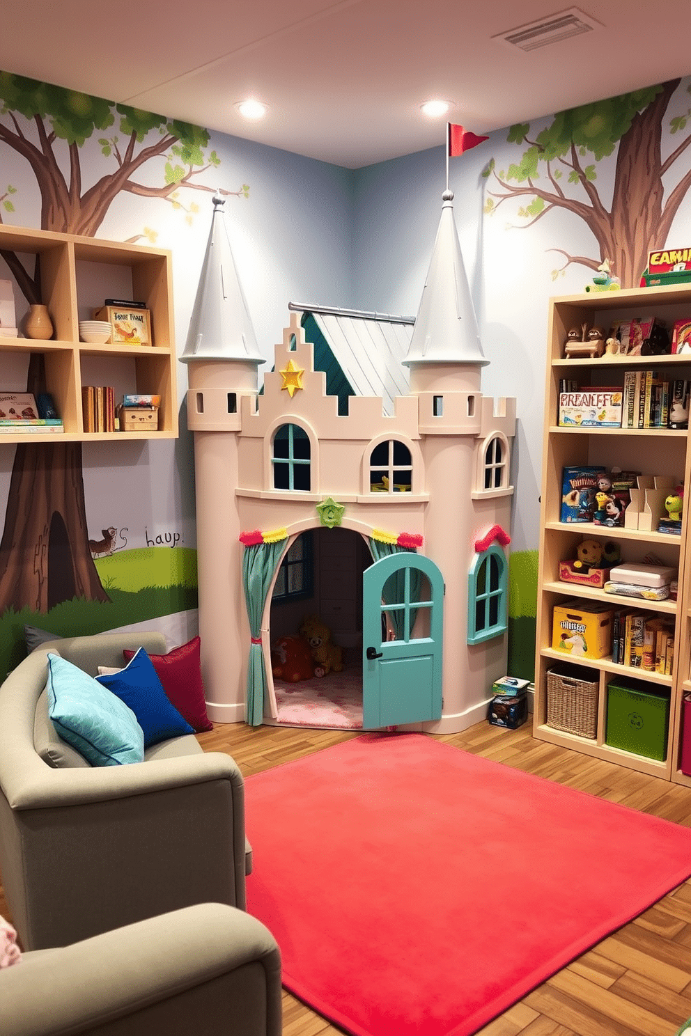 A whimsical fairy tale castle playhouse nestled in the corner of a vibrant playroom, featuring turrets and colorful accents that spark imagination. Soft, plush seating surrounds the playhouse, with a bright area rug beneath, creating a cozy space for storytelling and play. The walls are adorned with playful murals depicting enchanted forests and friendly creatures, enhancing the magical atmosphere. Shelves filled with toys and books are strategically placed, ensuring easy access for little ones while keeping the area organized and inviting.