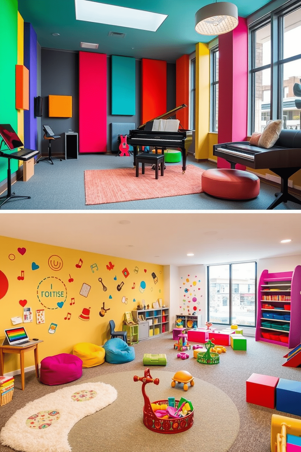 A vibrant musical instruments area designed for sound exploration features a variety of instruments, including a grand piano, colorful percussion instruments, and a cozy seating area with bean bags. The walls are adorned with sound-absorbing panels in bright hues, and large windows provide natural light, creating an inviting atmosphere for creativity and collaboration. A fun playroom design includes a soft play area with plush rugs, whimsical wall decals, and a variety of toys neatly organized in colorful bins. The room is filled with playful furniture, such as a slide and climbing wall, encouraging active play while maintaining a cheerful and safe environment.