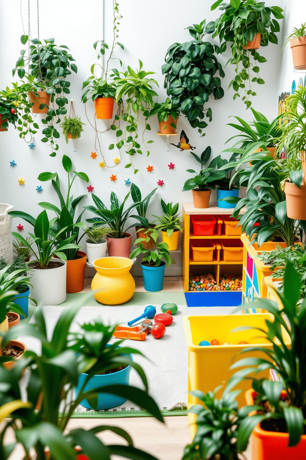 A nature-inspired decor setting filled with lush greenery. Various potted plants of different sizes are strategically placed around the room, creating a refreshing and vibrant atmosphere. A fun playroom designed with bright colors and playful elements. The room features a soft play mat, colorful wall decals, and a variety of toys neatly organized in vibrant storage bins.