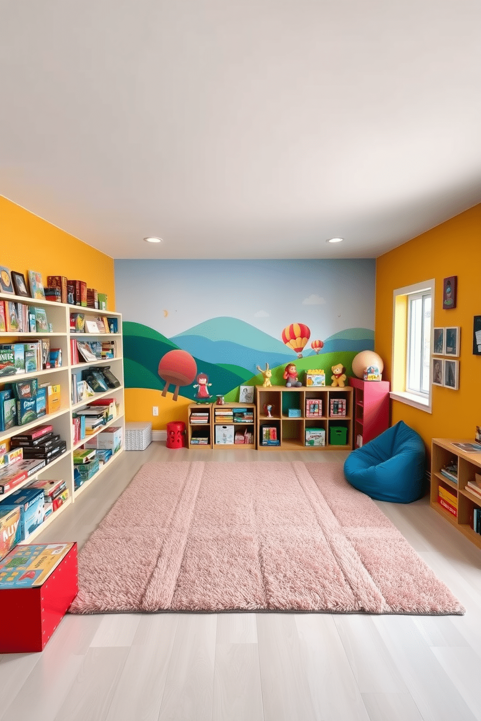 A vibrant playroom filled with colorful puzzles and games that encourage family interaction. The walls are painted in cheerful hues, with a large mural of a whimsical landscape to inspire creativity. In the center, a spacious, soft rug provides a comfortable area for play, surrounded by shelves stocked with various board games and puzzles. A cozy reading nook with bean bags and a small bookshelf invites quiet time amidst the fun.