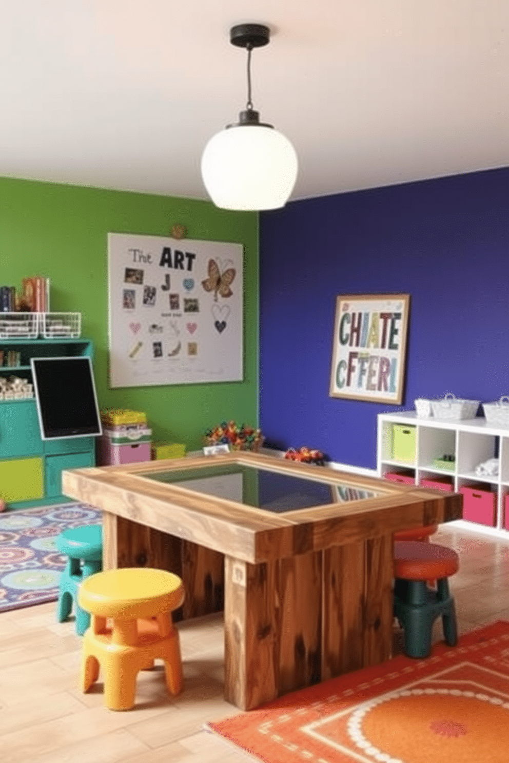 A craft table for art and DIY projects. The table is made of reclaimed wood with a large, clear workspace, surrounded by colorful stools that invite creativity. Fun playroom design ideas. The space features vibrant wall colors, playful patterns on the rugs, and a variety of storage solutions for toys, creating an engaging and organized environment.