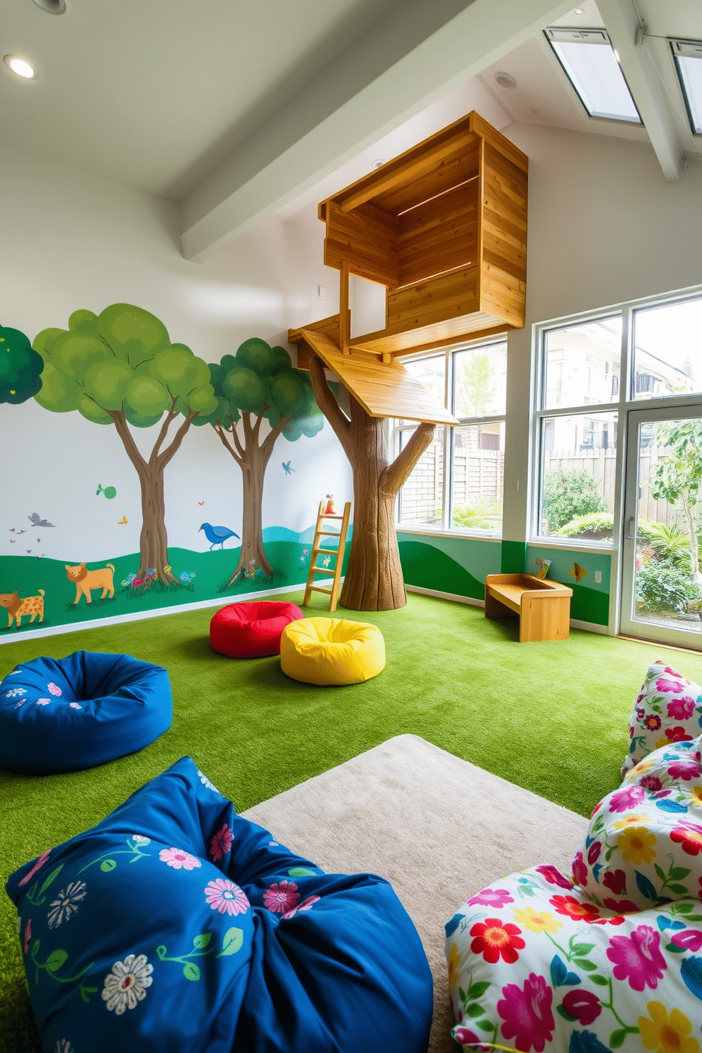 An outdoor-inspired playroom filled with natural light features walls adorned with vibrant murals of trees and animals. Soft, green carpeting mimics grass, while a wooden play structure resembling a treehouse provides a fun climbing space for children. Colorful bean bags and cushions in floral patterns are scattered throughout, inviting kids to relax and read. Large windows open to a small garden, allowing fresh air and the sounds of nature to enhance the playful atmosphere.