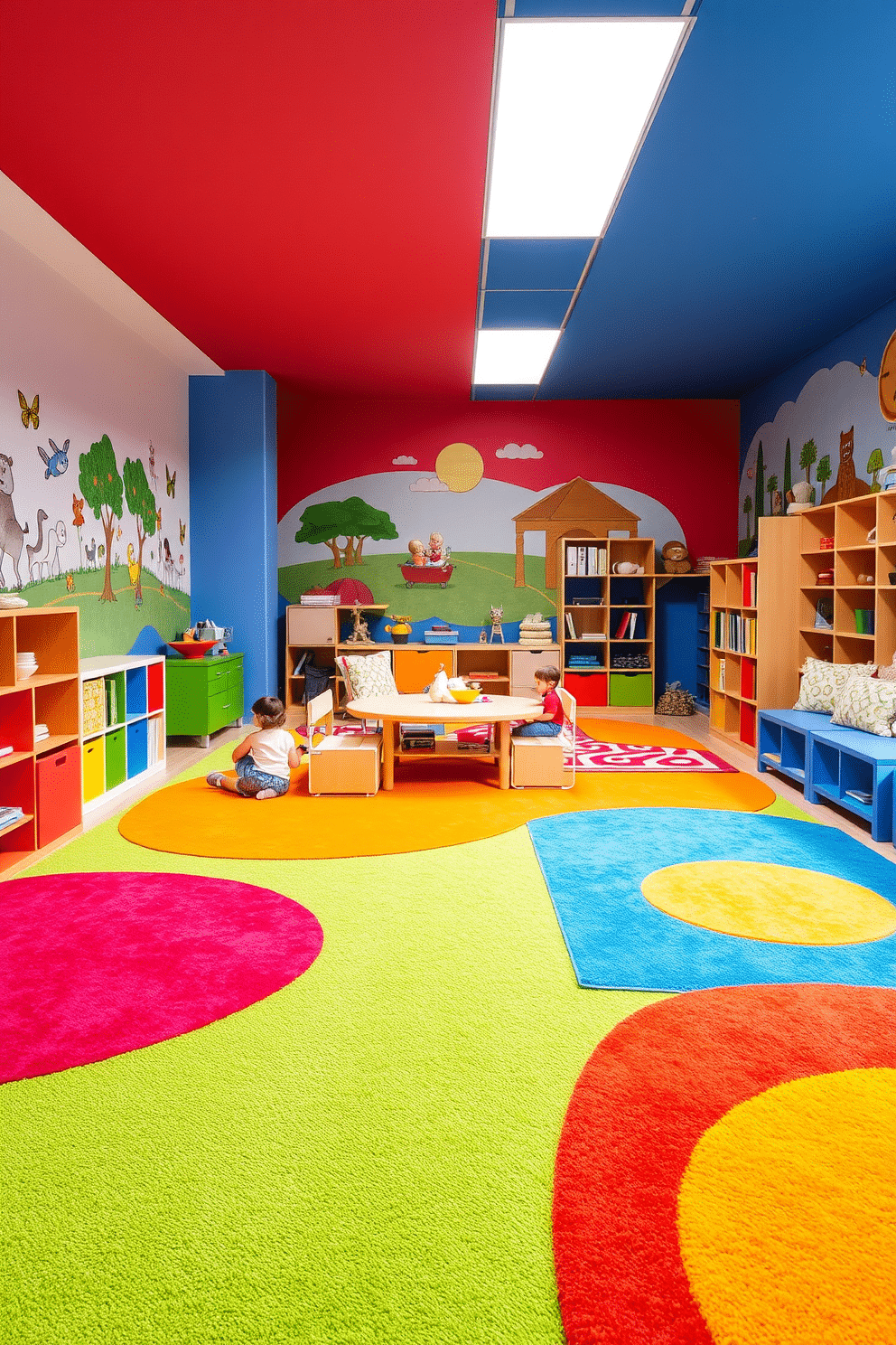 A vibrant playroom filled with energy and creativity. Bright, oversized rugs in bold colors define distinct play areas, inviting children to explore and engage. The walls are adorned with playful murals, while modular furniture offers flexibility for various activities. A cozy reading nook with plush cushions complements the lively atmosphere, making it a perfect space for both play and relaxation.