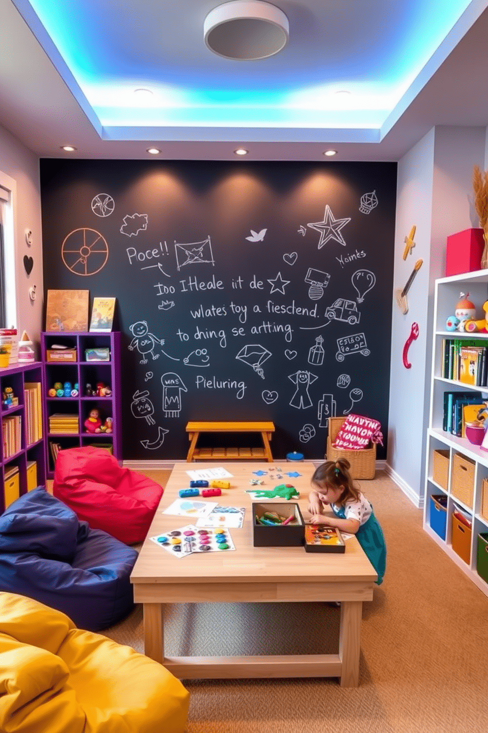 A vibrant playroom features an interactive chalkboard wall that encourages creativity and artistic expression. The space is filled with colorful bean bags, a cozy reading nook, and shelves brimming with toys and art supplies. Soft, ambient lighting creates a warm atmosphere, while playful wall decals add a whimsical touch. A multi-functional table provides ample space for crafts and games, making it the perfect environment for imaginative play.