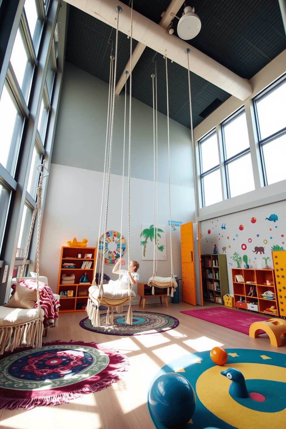 A serene relaxation area features hanging swings suspended from the ceiling, adorned with soft cushions and throw blankets for comfort. The space is illuminated by natural light streaming through large windows, creating a tranquil atmosphere perfect for unwinding. The playroom is vibrant and playful, filled with colorful rugs and wall decals that inspire creativity. A variety of interactive zones, including a reading nook, a craft station, and a climbing wall, encourage imaginative play and exploration.