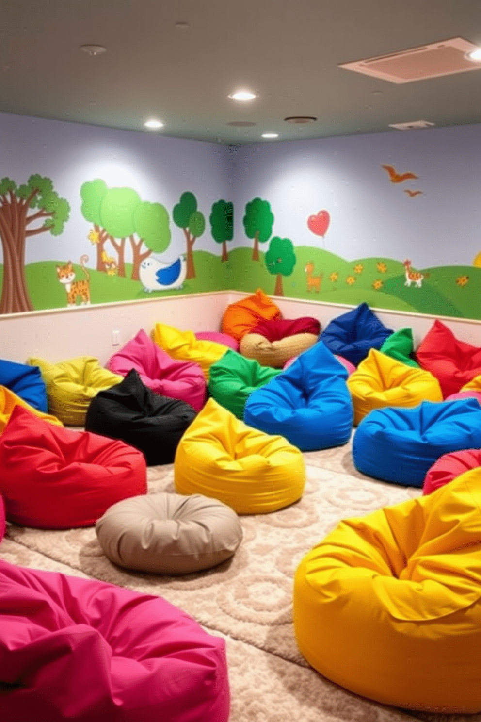 A vibrant playroom filled with colorful bean bags in various shapes and sizes, creating a cozy and inviting atmosphere for children. The walls are adorned with playful murals, and soft rugs cover the floor, providing a comfortable space for play and relaxation.