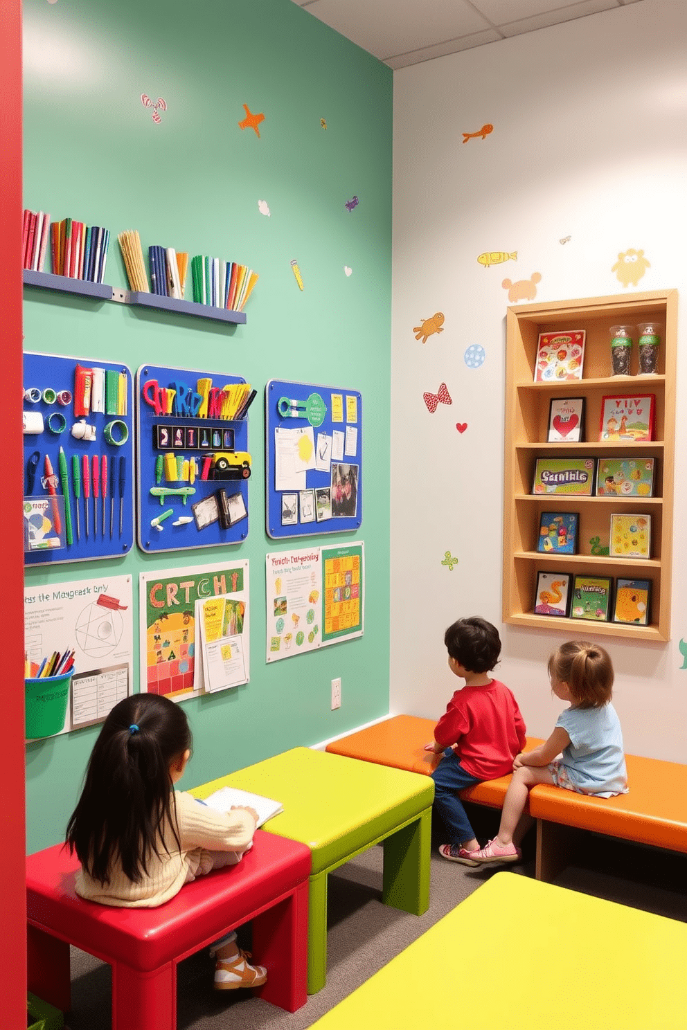 A vibrant playroom designed for creativity and engagement features wall-mounted activity boards filled with colorful art supplies and interactive games. The space is brightened by playful wall decals and comfortable seating, creating an inviting atmosphere for children to explore their imaginations.