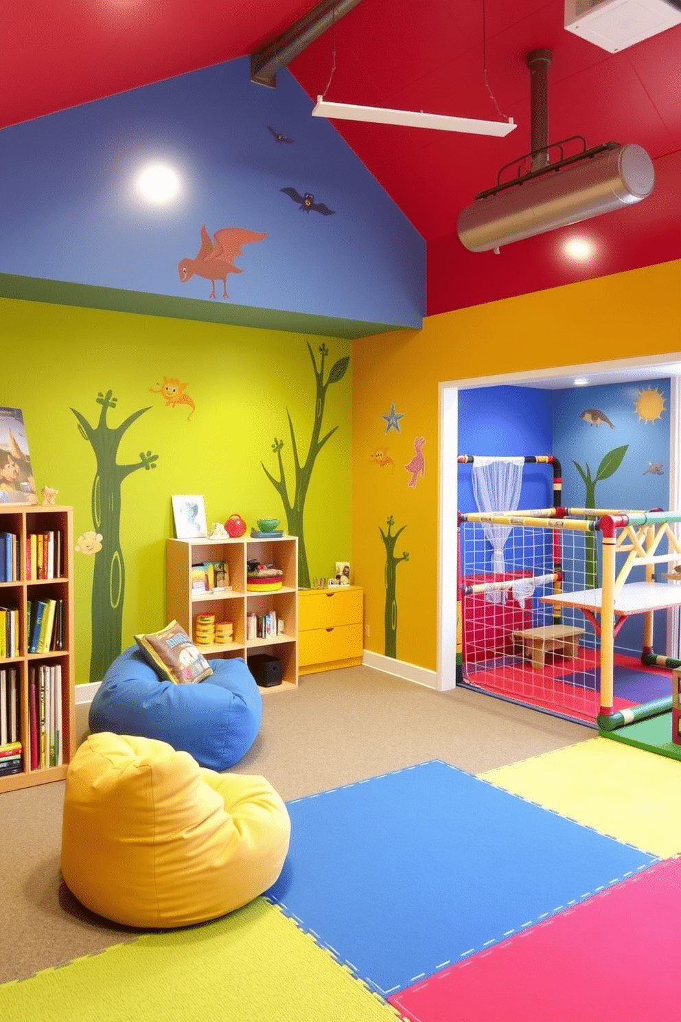 A vibrant playroom designed with themed zones for different activities. One area features a colorful reading nook with plush bean bags and a bookshelf filled with children's books, while another zone is dedicated to arts and crafts, equipped with a large table and storage for supplies. In a separate section, a mini indoor jungle gym provides a space for active play, complete with climbing structures and soft mats. The walls are painted in cheerful colors, and playful decals enhance the fun atmosphere throughout the room.