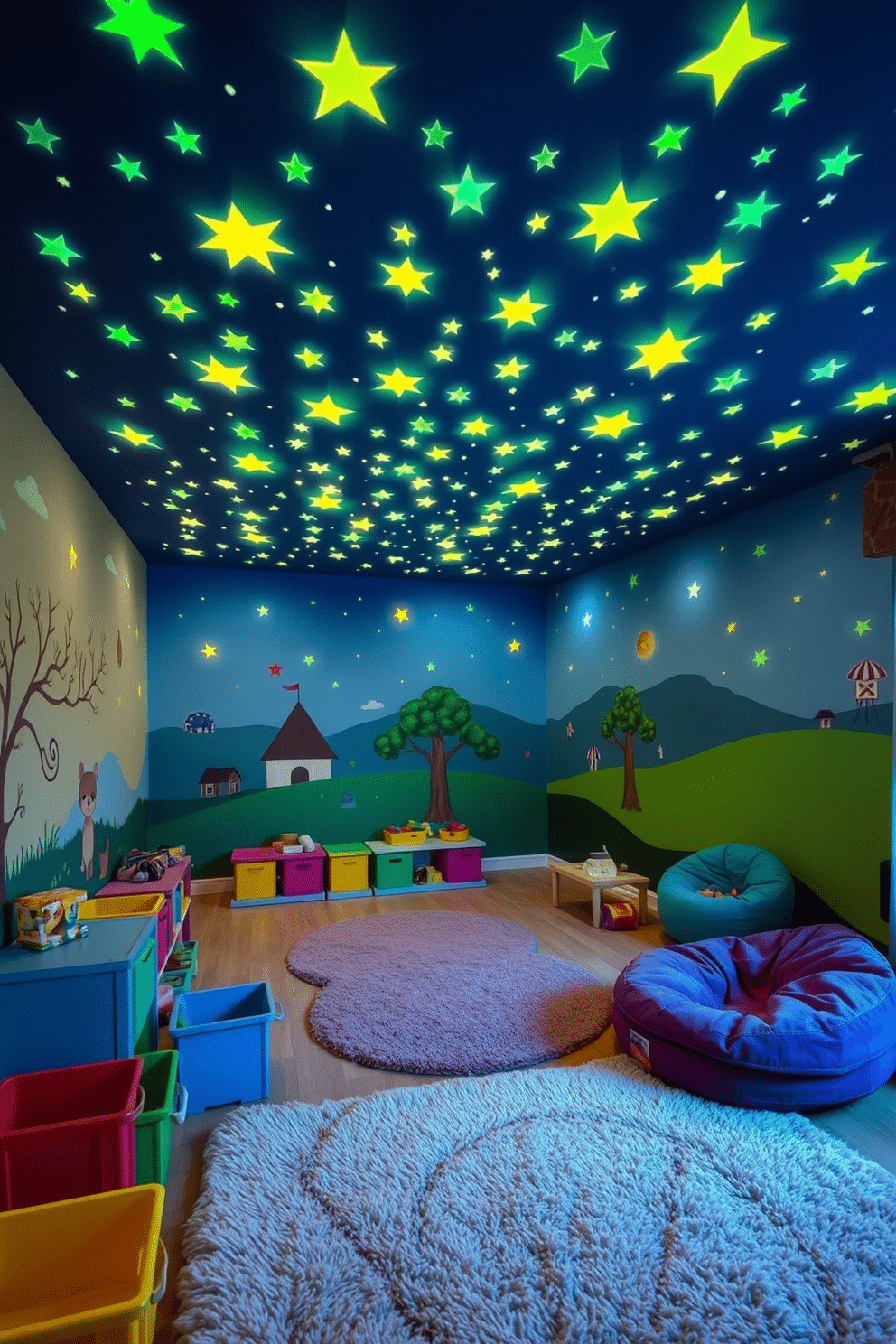 A vibrant playroom filled with glow-in-the-dark stars on the ceiling creates a magical nighttime atmosphere. The walls are painted in bright, cheerful colors, with playful murals depicting whimsical scenes that inspire creativity and imagination. Soft, plush rugs cover the floor, providing a cozy area for children to play and explore. Colorful storage bins are neatly arranged to hold toys, while a comfortable reading nook with bean bags invites quiet moments of relaxation.