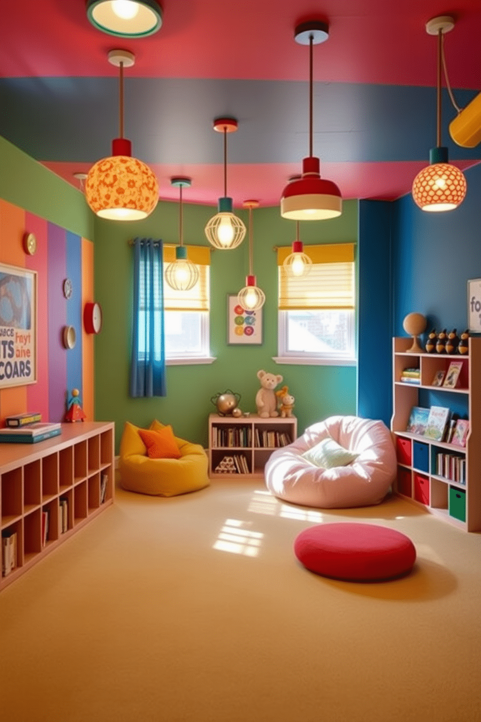 A vibrant playroom filled with colorful decor and playful lighting fixtures that create a warm ambiance. The walls are painted in bright primary colors, and whimsical pendant lights in various shapes hang from the ceiling, casting fun patterns on the floor. In one corner, a cozy reading nook features oversized bean bags and a small bookshelf filled with children's books. The flooring is a soft, durable carpet in a cheerful hue, providing a comfortable space for play and creativity.