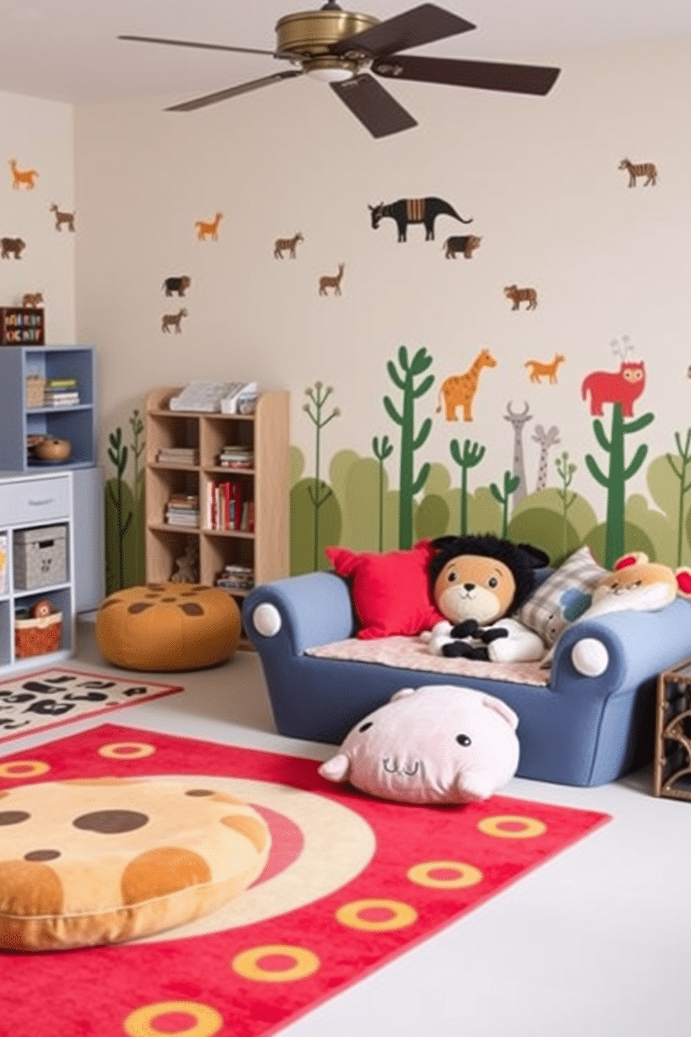 A playful playroom featuring animal-themed seating that adds a whimsical touch. The room is filled with colorful rugs, wall decals of various animals, and a cozy reading nook with oversized plush cushions shaped like different creatures.