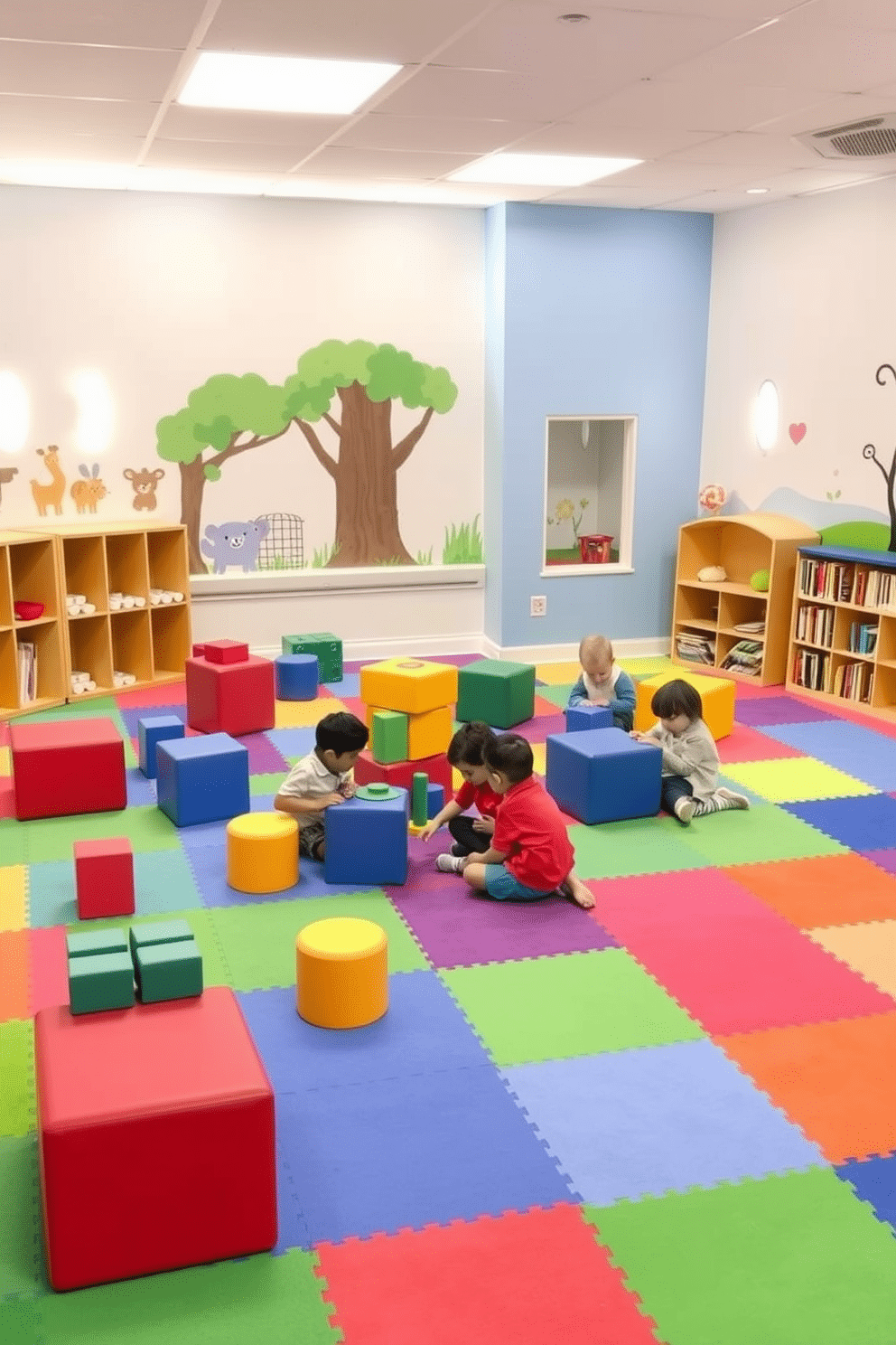 A vibrant playroom filled with interactive floor games encourages active play. The space features colorful, cushioned mats arranged in various shapes, with large foam blocks for building and creating. Brightly painted walls showcase playful murals of animals and nature. Soft lighting and cozy reading nooks enhance the inviting atmosphere, making it a perfect spot for children to explore and engage.