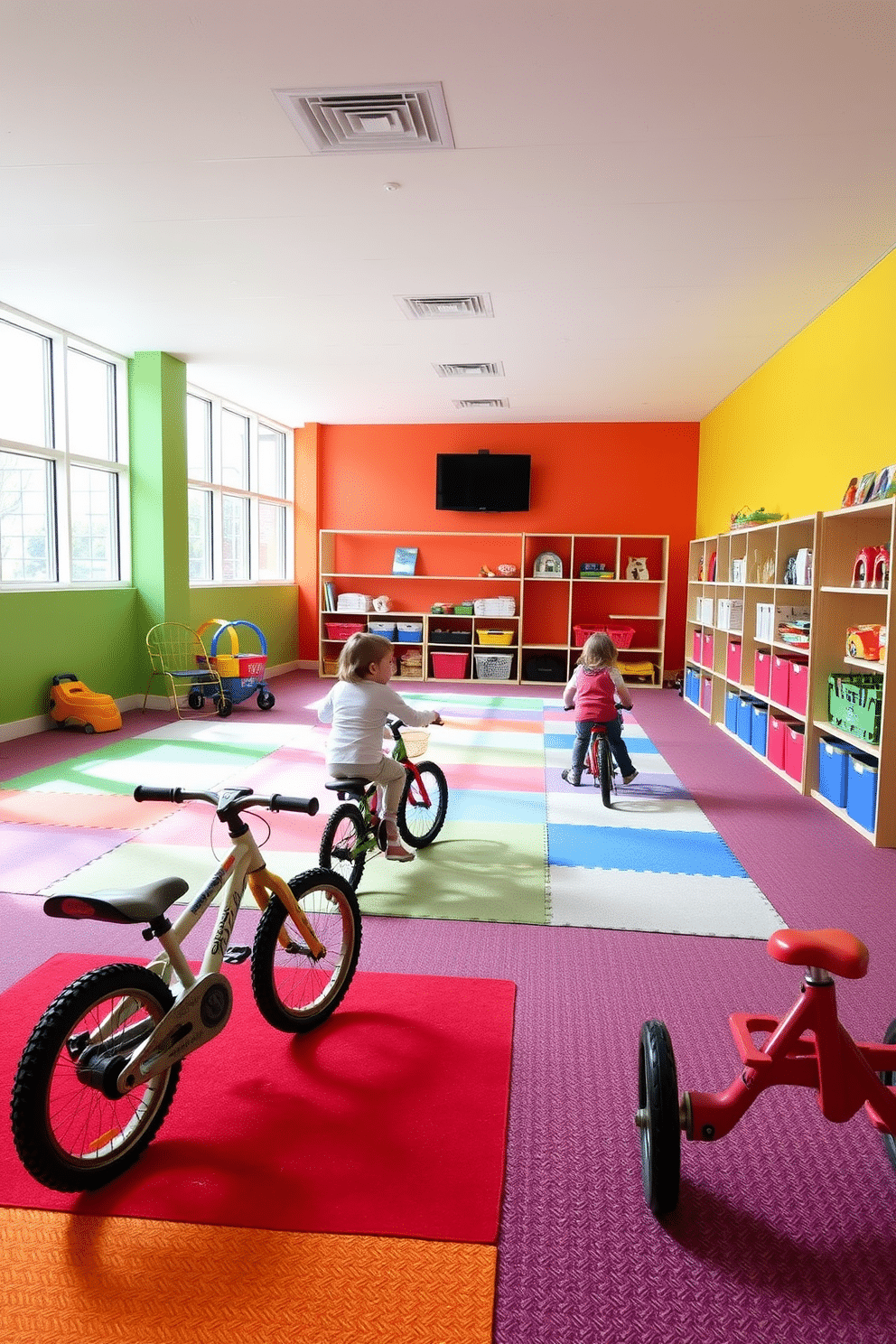 A vibrant playroom designed for movement, featuring a designated area for bicycles and tricycles. The space is filled with colorful rugs and soft mats to ensure safety, while wall-mounted storage keeps toys and ride-on vehicles organized. The walls are painted in cheerful, bright colors, creating an inviting atmosphere for children. Large windows allow natural light to flood the room, enhancing the playful ambiance and making it a perfect space for imaginative play.