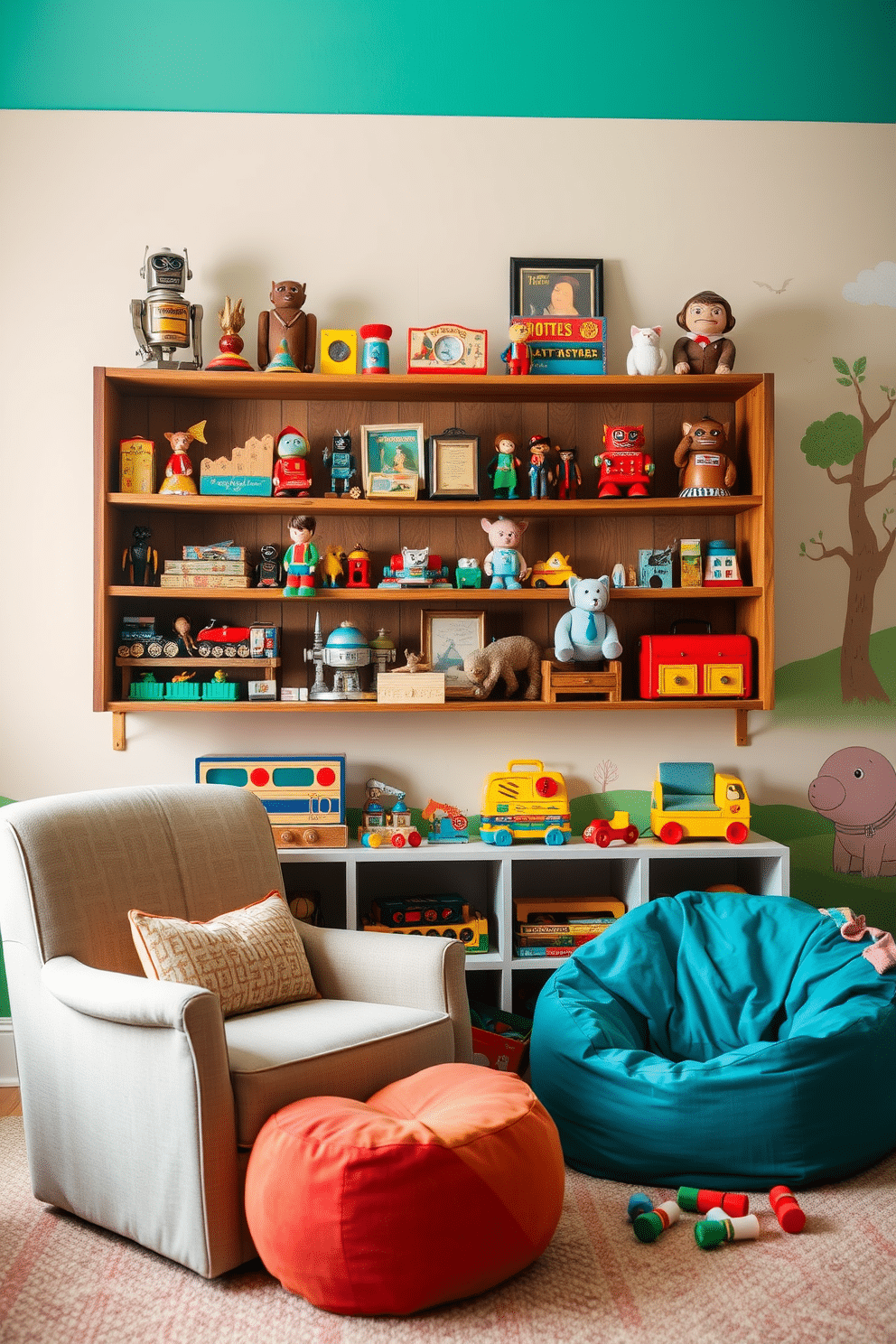 A charming vintage toy display captures the essence of nostalgia, featuring a wooden shelf filled with classic toys like wooden blocks, tin robots, and plush animals. The backdrop is painted in soft pastel colors, and a cozy armchair sits nearby, inviting children and adults alike to reminisce about their childhood. For a fun playroom design, imagine a vibrant space with bright wall colors and playful murals depicting whimsical scenes. The room is furnished with bean bags, a small table for arts and crafts, and a variety of interactive toys that encourage creativity and imaginative play.