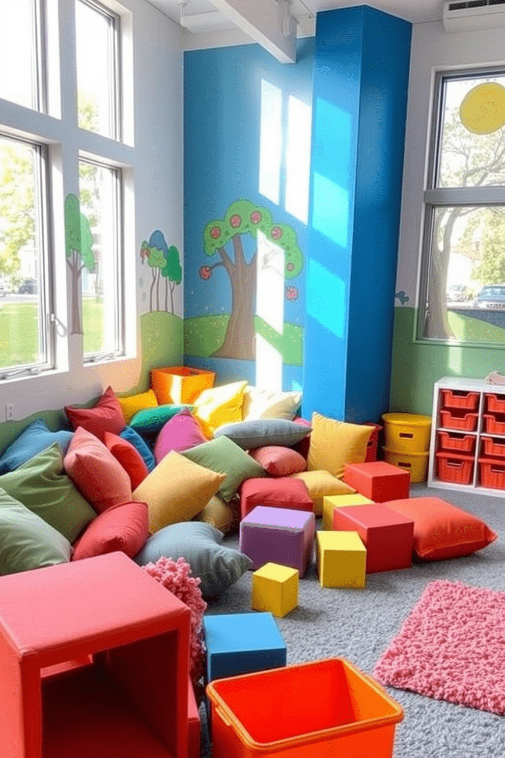 A cozy soft play area filled with colorful cushions and soft mats creates a safe and inviting space for children to explore. The walls are adorned with playful murals, and natural light streams in through large windows, enhancing the cheerful atmosphere. The play area features a variety of textures, including plush rugs and foam blocks, encouraging imaginative play. Brightly colored storage bins are neatly organized, providing easy access to toys while keeping the space tidy.