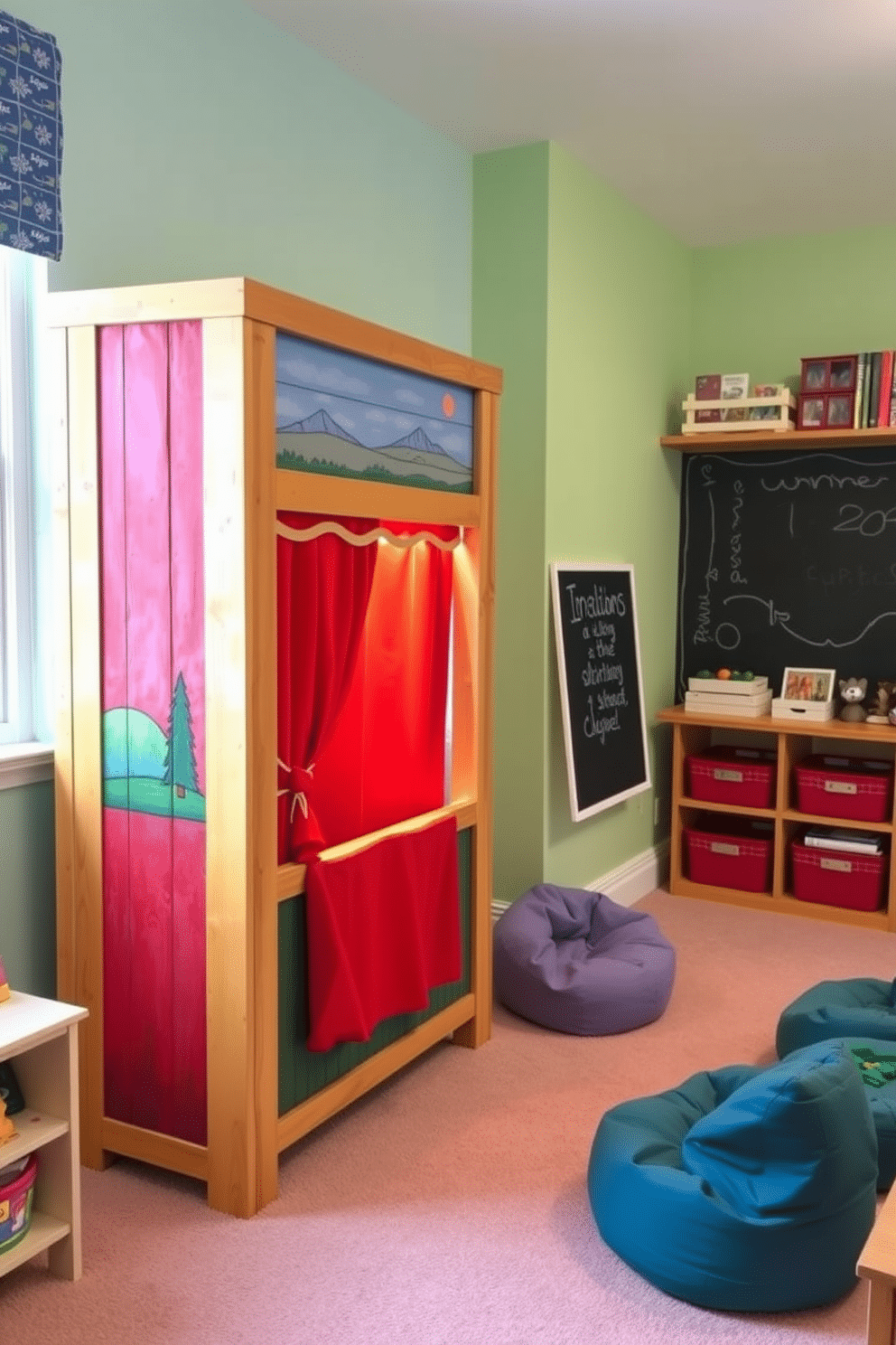 A charming DIY puppet theater crafted from repurposed wood, featuring a bright red curtain that can be drawn back for performances. The theater is adorned with hand-painted scenery on the backdrop, inviting children to unleash their creativity and storytelling skills. A vibrant playroom designed with playful colors and soft, durable flooring that ensures safety during playtime. The space includes a cozy reading nook with bean bags, a chalkboard wall for artistic expression, and shelves filled with toys and games to inspire endless fun.