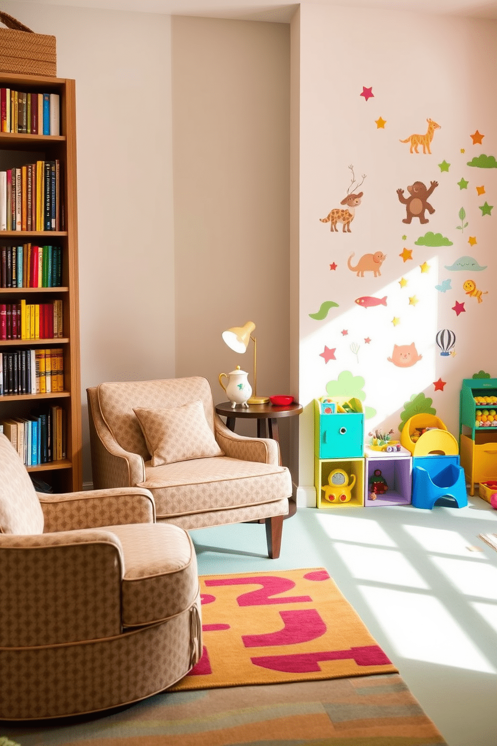 A themed reading nook featuring a plush armchair upholstered in soft, patterned fabric, positioned next to a tall bookshelf filled with colorful books. A small side table holds a steaming cup of tea and a decorative lamp, while a vibrant rug adds warmth to the space. A playful playroom designed with bright, cheerful colors and a variety of interactive toys. Soft foam flooring provides safety, and whimsical wall decals create an inviting atmosphere for children to explore and play.