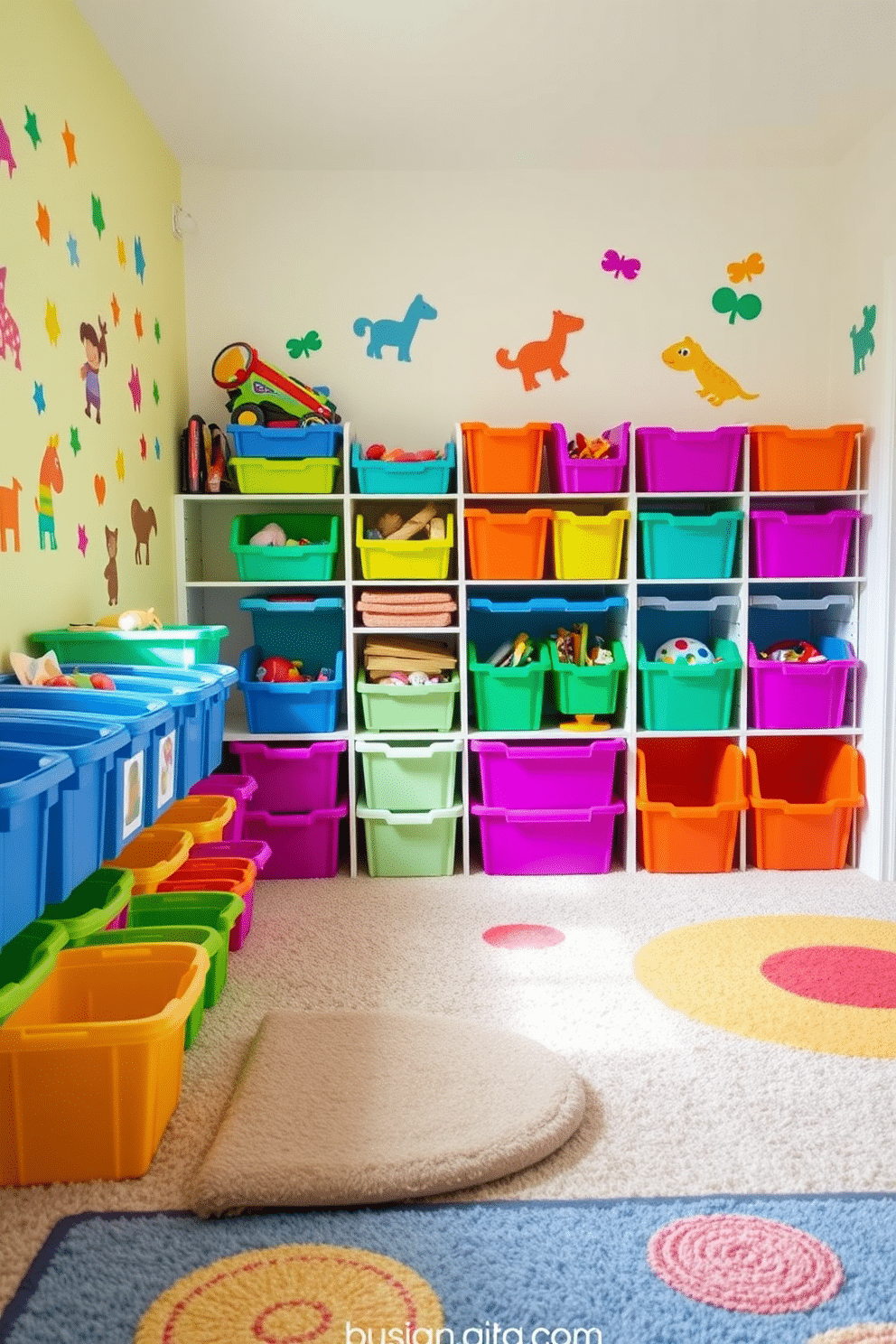 A vibrant playroom filled with brightly colored storage bins for toys, arranged neatly along one wall. The bins come in various sizes and hues, adding a cheerful touch to the space while keeping it organized and clutter-free. The room features a soft, plush carpet in a playful pattern, providing a comfortable area for children to sit and play. Brightly colored wall decals of animals and shapes enhance the fun atmosphere, making it an inviting place for creativity and imagination.