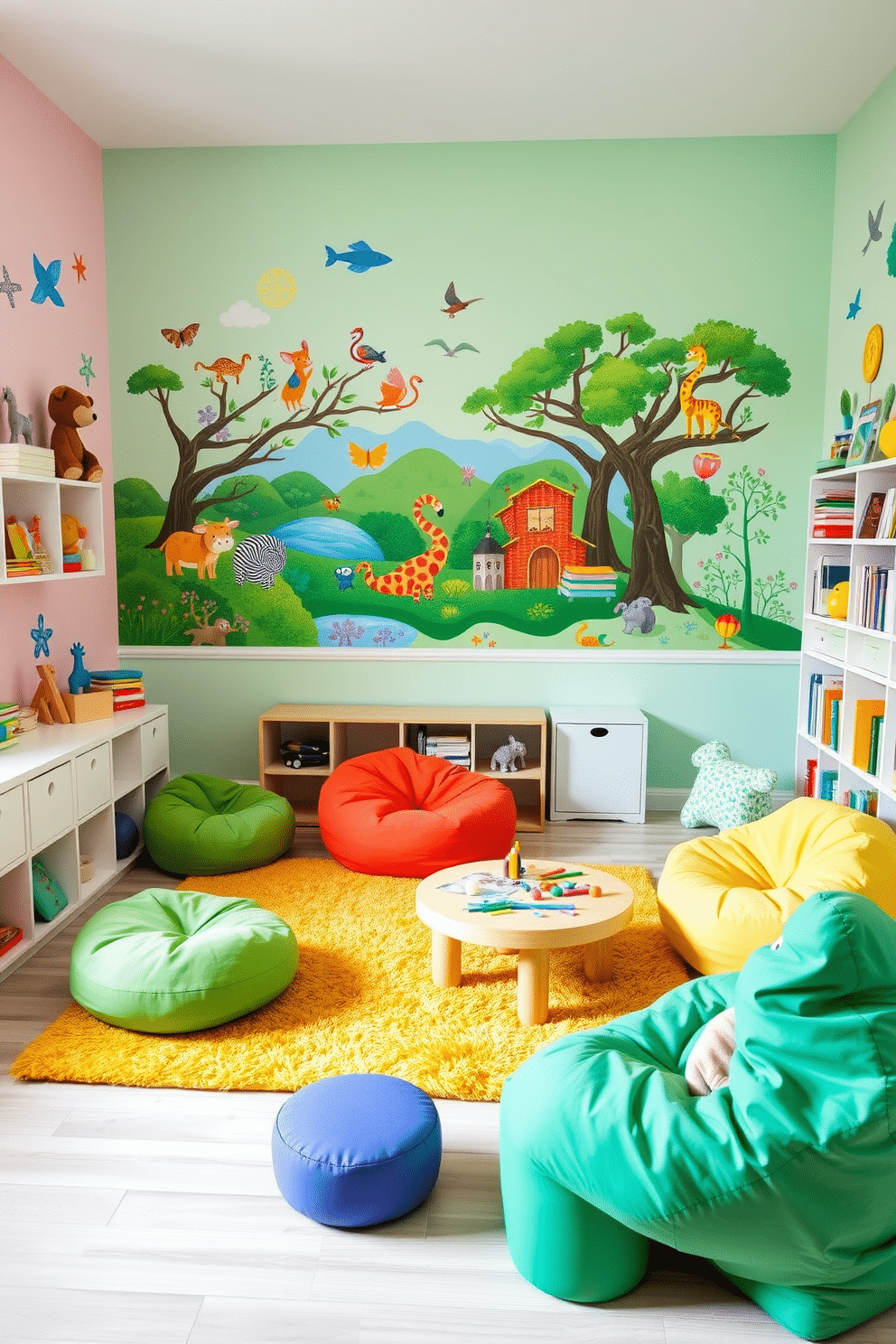 A vibrant playroom filled with whimsical wall decals showcasing colorful animals and lush nature scenes. The space features a soft, plush rug in bright colors, with a variety of playful furniture pieces like bean bags and a low table for arts and crafts. The walls are painted in a cheerful pastel hue, enhancing the playful atmosphere. Shelves are adorned with books and toys, creating an inviting environment for creativity and exploration.