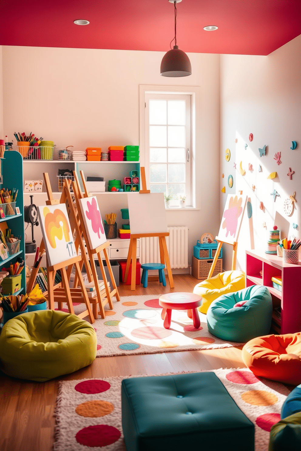 A vibrant art station filled with creativity. Several wooden easels stand in a sunlit corner, surrounded by an array of colorful paint supplies, brushes, and canvases. A whimsical playroom designed for fun and exploration. Brightly colored furniture, including bean bags and a small table, is scattered throughout the space, complemented by playful wall decals and a soft area rug.