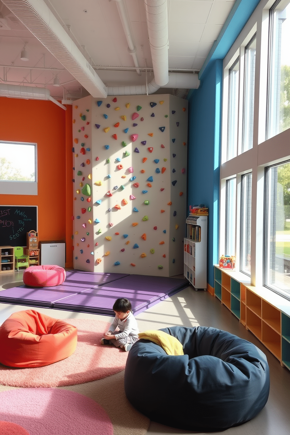 A vibrant playroom features an indoor climbing wall designed for active play, with colorful holds and safety mats below. The walls are painted in bright, cheerful colors, and large windows allow natural light to flood the space, creating an inviting atmosphere. The playroom includes cozy seating areas with bean bags and soft rugs for relaxation after climbing. Interactive elements like a chalkboard wall and storage for toys ensure a fun and organized environment for children to explore and enjoy.