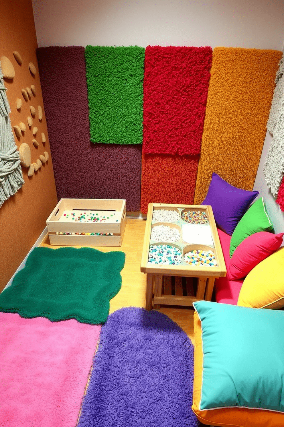 A sensory play corner filled with various textures and materials invites exploration and creativity. Soft, colorful rugs cover the floor, while textured wall panels provide a tactile experience for children. In one corner, a wooden table is adorned with sensory bins filled with sand, water beads, and kinetic sand. Plush cushions in vibrant colors create a cozy seating area, encouraging imaginative play and relaxation.