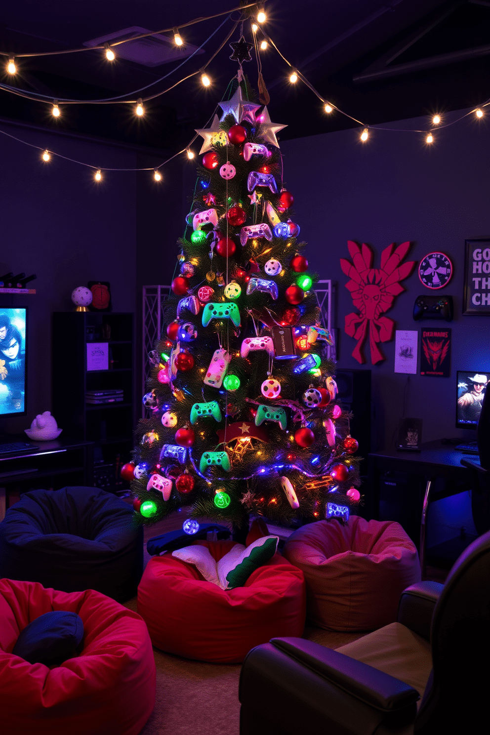 A vibrant game room adorned with festive gaming-themed tree ornaments. The tree is decorated with colorful ornaments resembling game controllers, dice, and iconic gaming characters, creating a playful and immersive holiday atmosphere. Surrounding the tree, cozy seating areas feature plush bean bags and gaming chairs, inviting friends and family to gather and enjoy the festive spirit. String lights twinkle above, adding warmth and excitement to the room's dynamic decor.