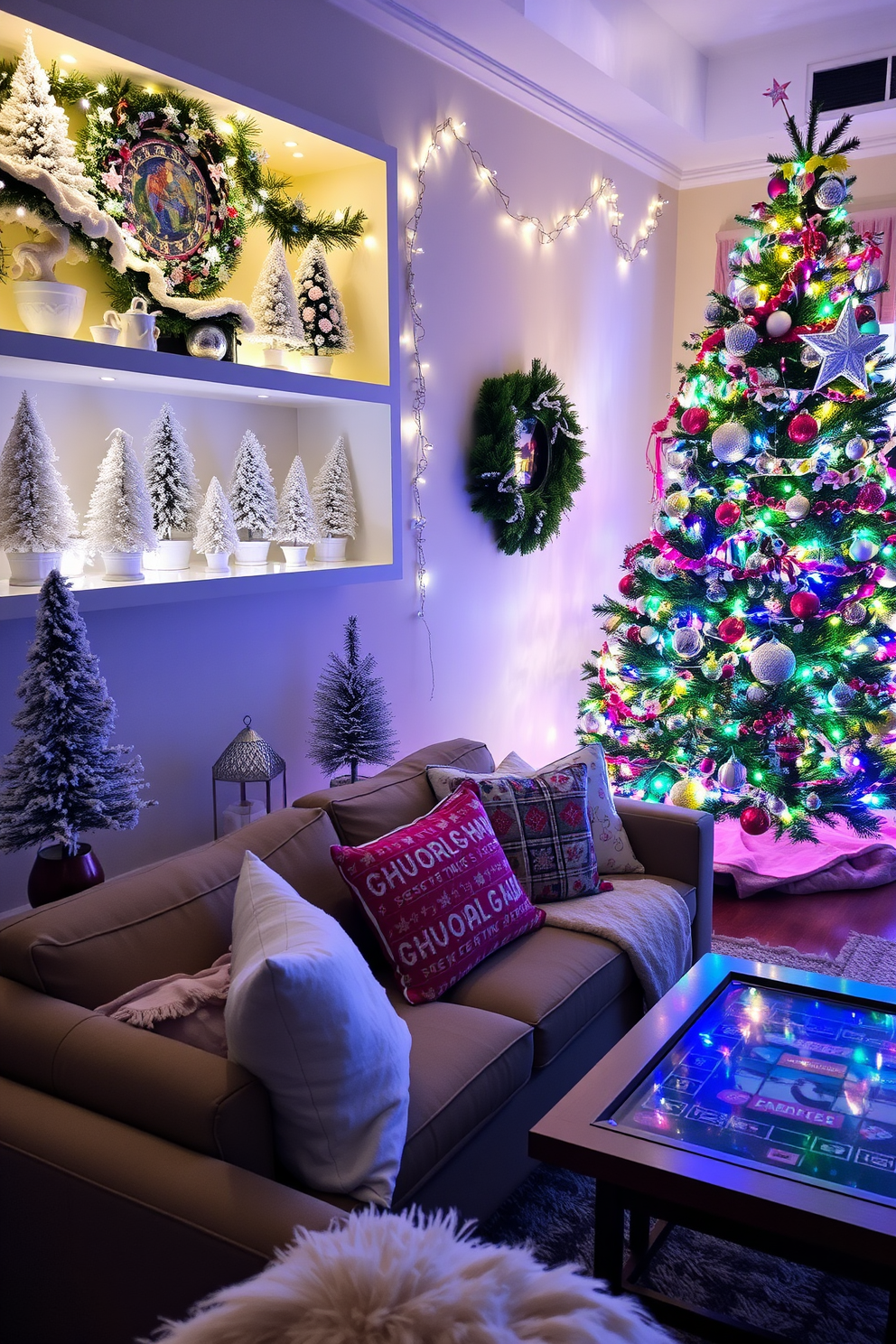 A cozy winter wonderland scene on shelves, featuring miniature snow-covered trees, twinkling fairy lights, and delicate glass ornaments. The shelves are adorned with white and silver accents, creating a serene and magical atmosphere. A vibrant game room decorated for Christmas, with a large tree adorned in colorful ornaments and playful garlands. Festive throw pillows and blankets are scattered across the seating area, while a tabletop game is set up, inviting friends and family to join in the holiday fun.